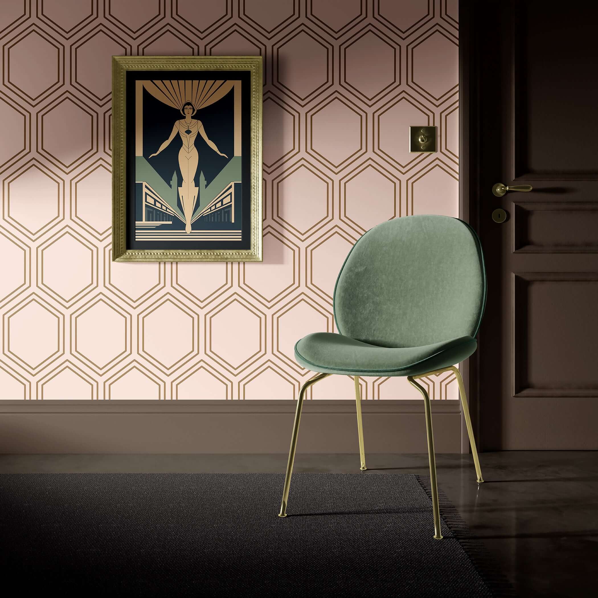 Art Deco-inspired geometric wallpaper with bronze honeycomb design, modern chair, and wall art in an elegant interior setting.