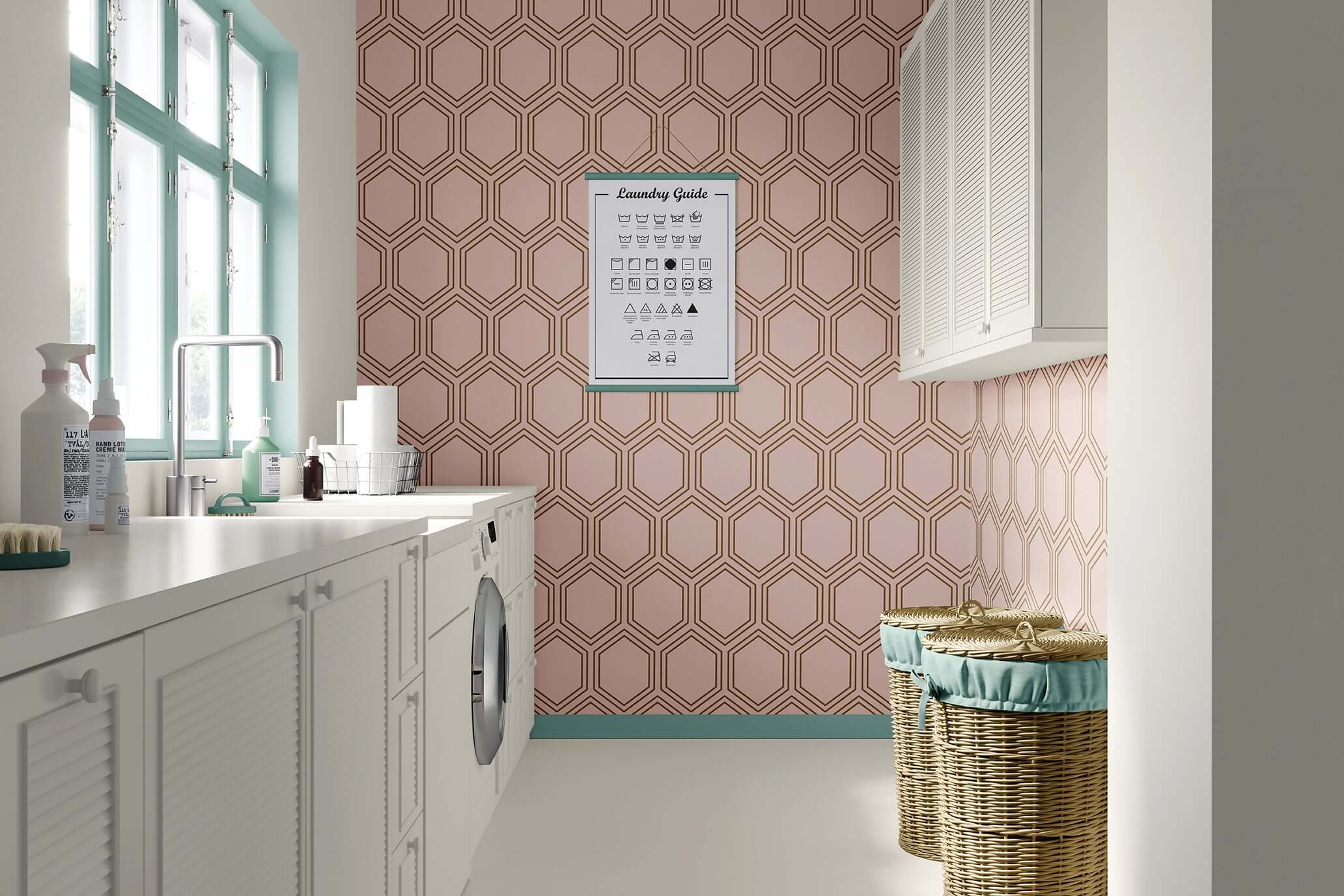 Honeycomb Luxe wallpaper with art deco geometric design in bronze and blush tones, enhancing modern interior elegance.