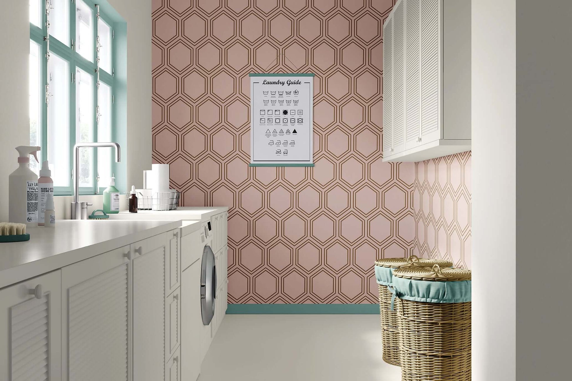 Honeycomb Luxe wallpaper with art deco geometric design in bronze and blush tones, enhancing modern interior elegance.