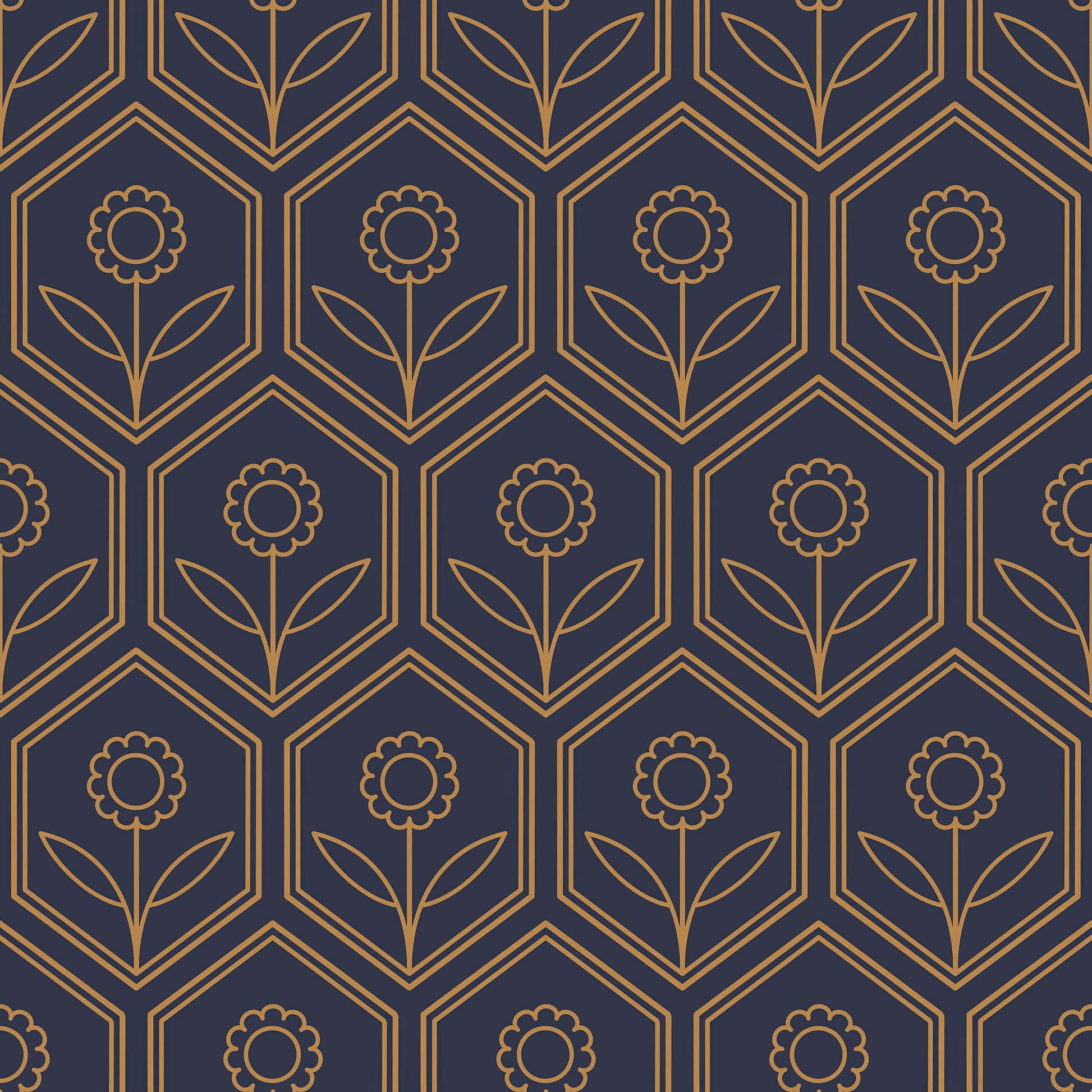 Golden Hex Blossoms wallpaper featuring art deco geometric design with golden floral patterns on a navy background, modern decor.