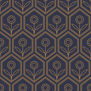 Golden Hex Blossoms wallpaper featuring art deco geometric design with golden floral patterns on a navy background, modern decor.