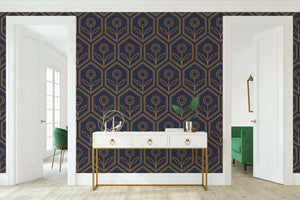 Elegant art deco floral wallpaper with geometric hexagon pattern, featuring golden blooms on navy background, perfect for modern decor.