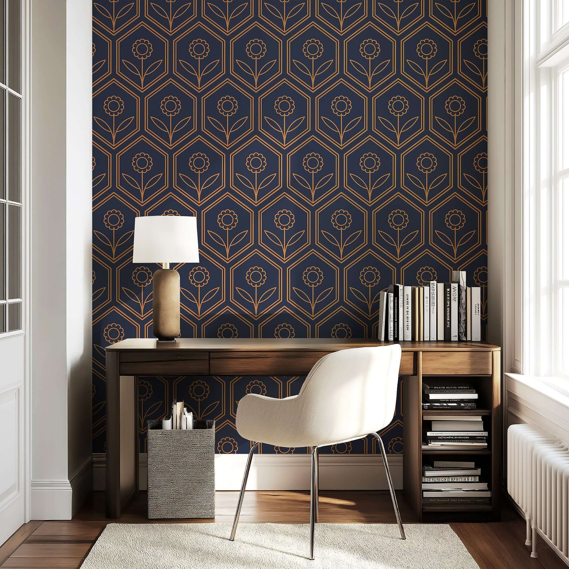 Golden Hex Blossoms wallpaper featuring art deco golden blossoms in geometric hexagons on a navy background, modern room decor