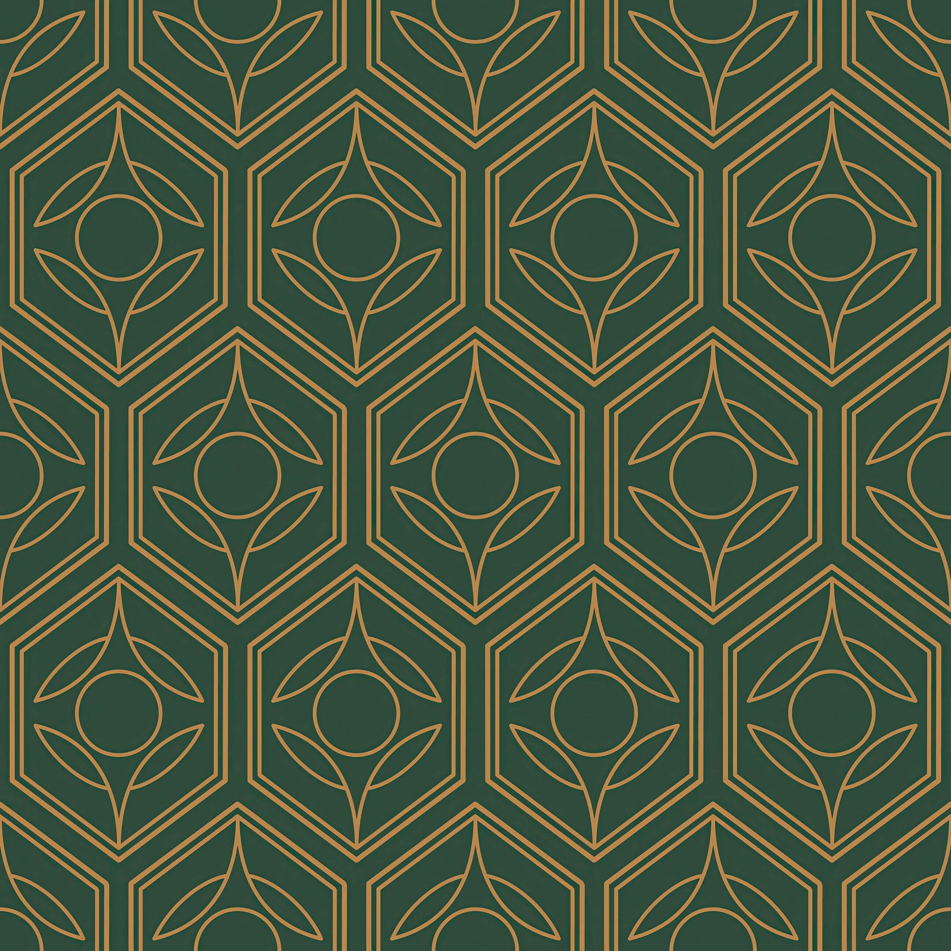 Deco Botanic wallpaper with Art Deco geometric pattern, featuring golden botanical motifs on a deep green background. Modern elegance.