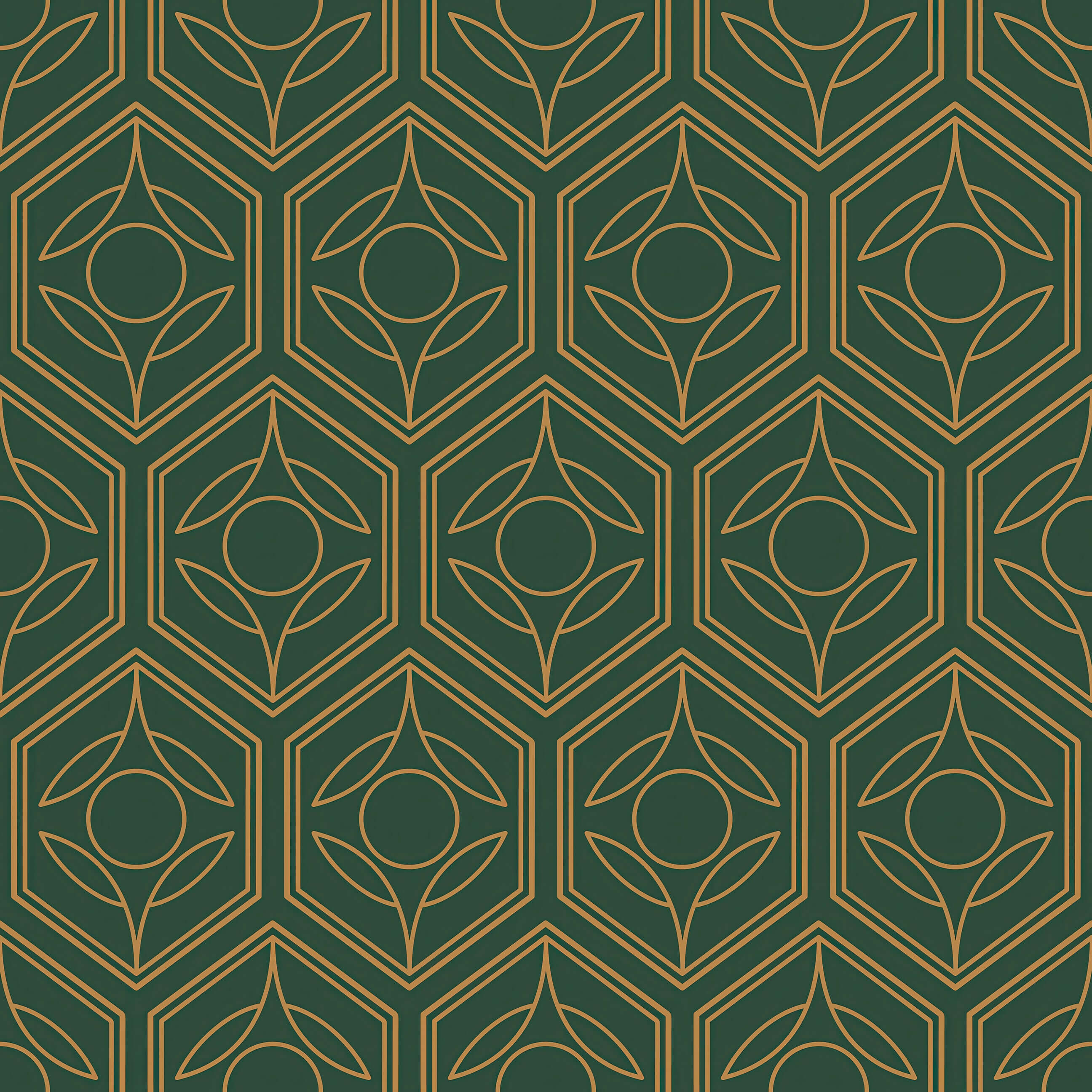 Deco Botanic wallpaper with Art Deco geometric pattern, featuring golden botanical motifs on a deep green background. Modern elegance.