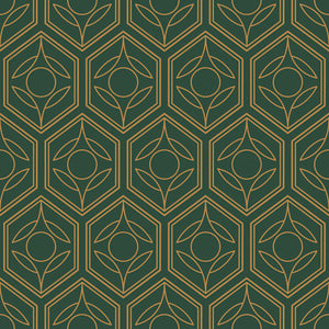 Deco Botanic wallpaper with Art Deco geometric pattern, featuring golden botanical motifs on a deep green background. Modern elegance.