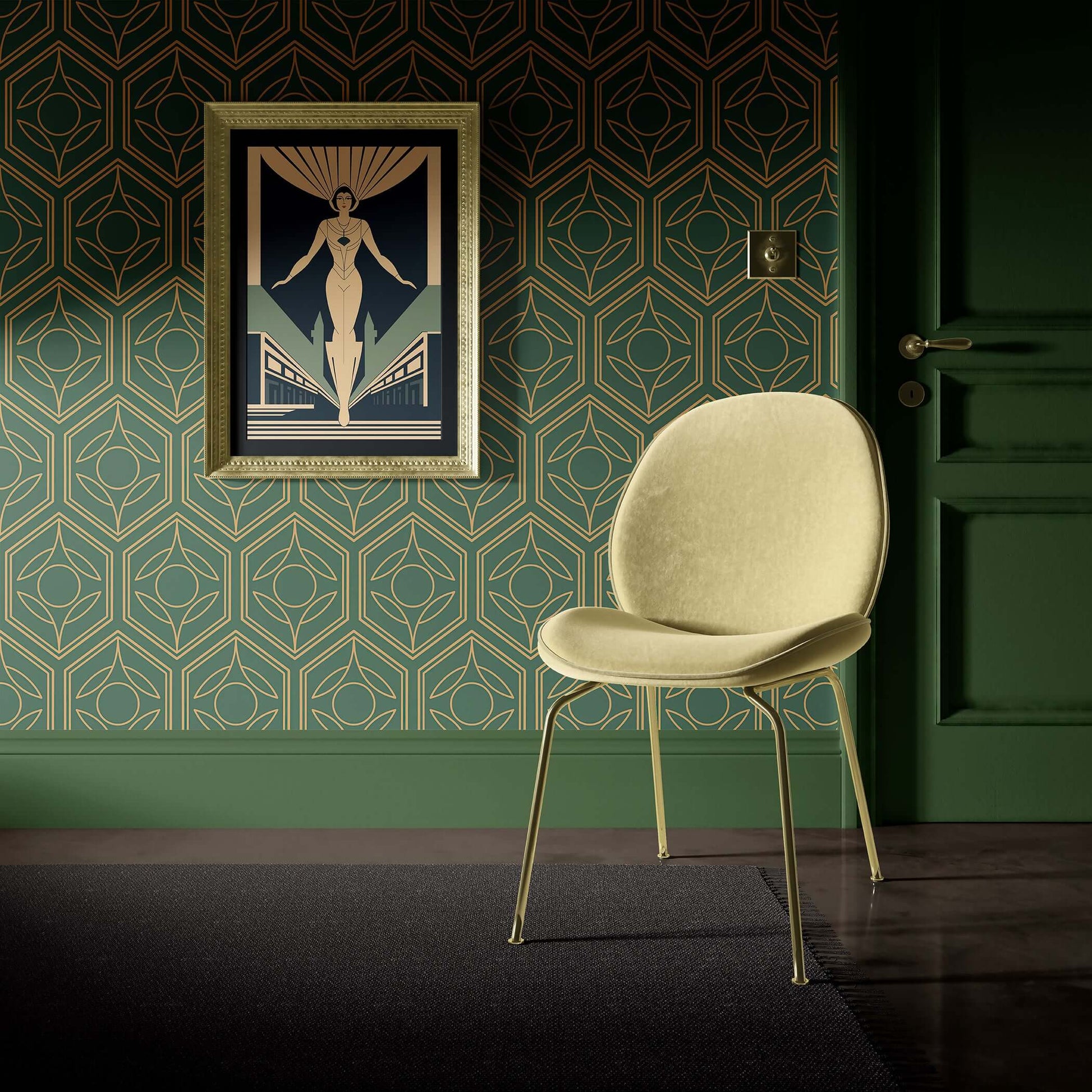 Luxurious Art Deco wallpaper with golden geometric botanical motifs on a green background, elevating modern interior design.