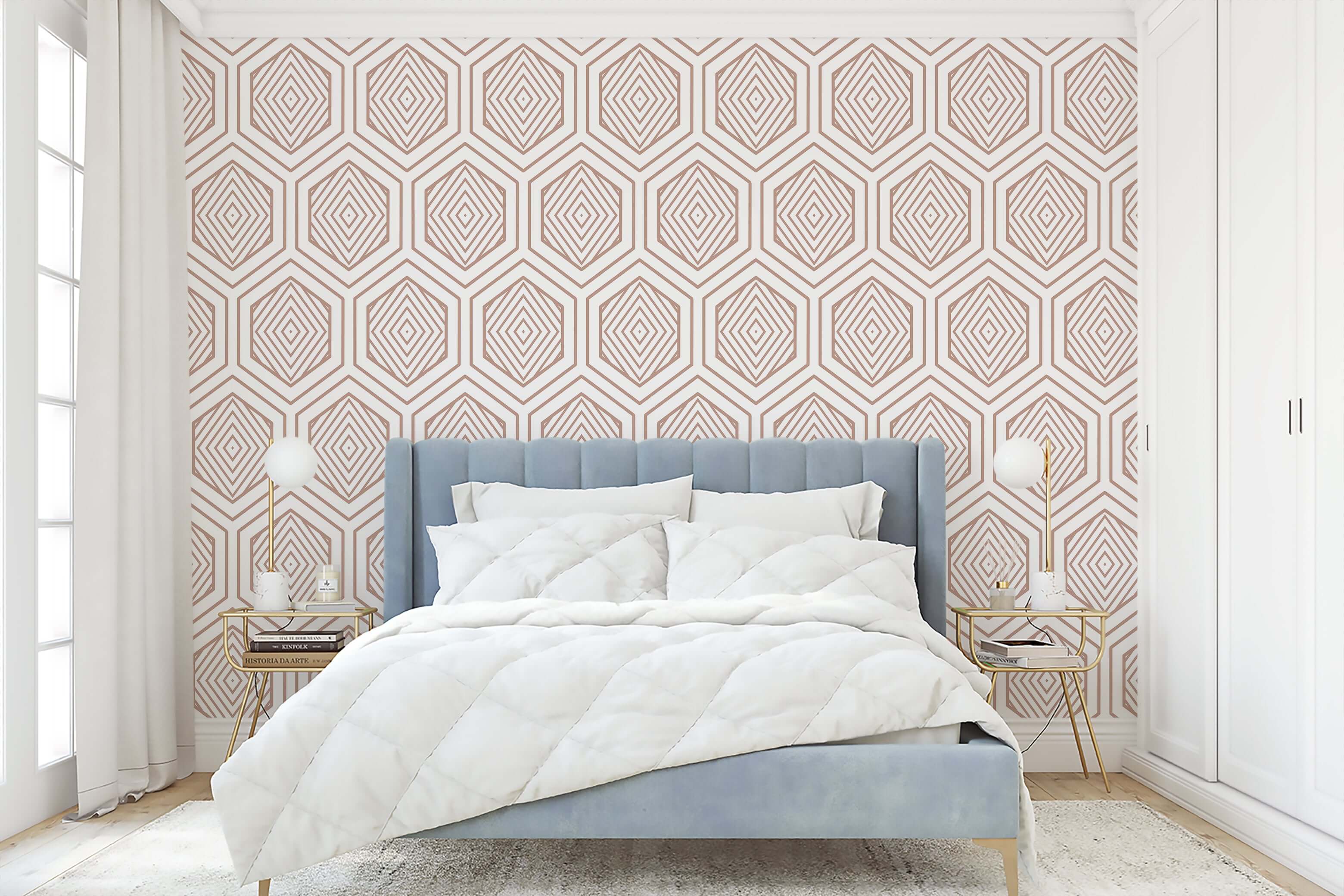 Elegant bedroom with rose gold geometric prism wallpaper, featuring art deco style and modern luxury design elements.