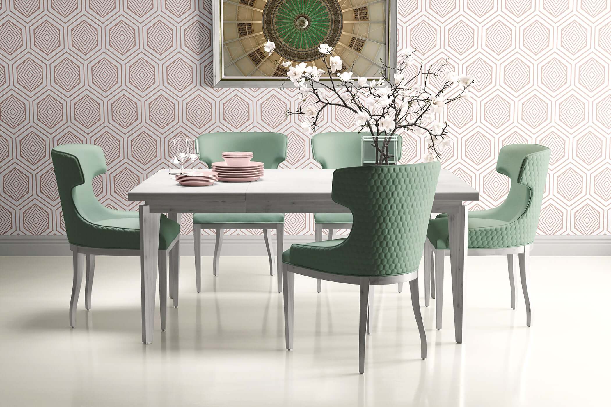 Art deco dining room with rose gold geometric wallpaper and green chairs