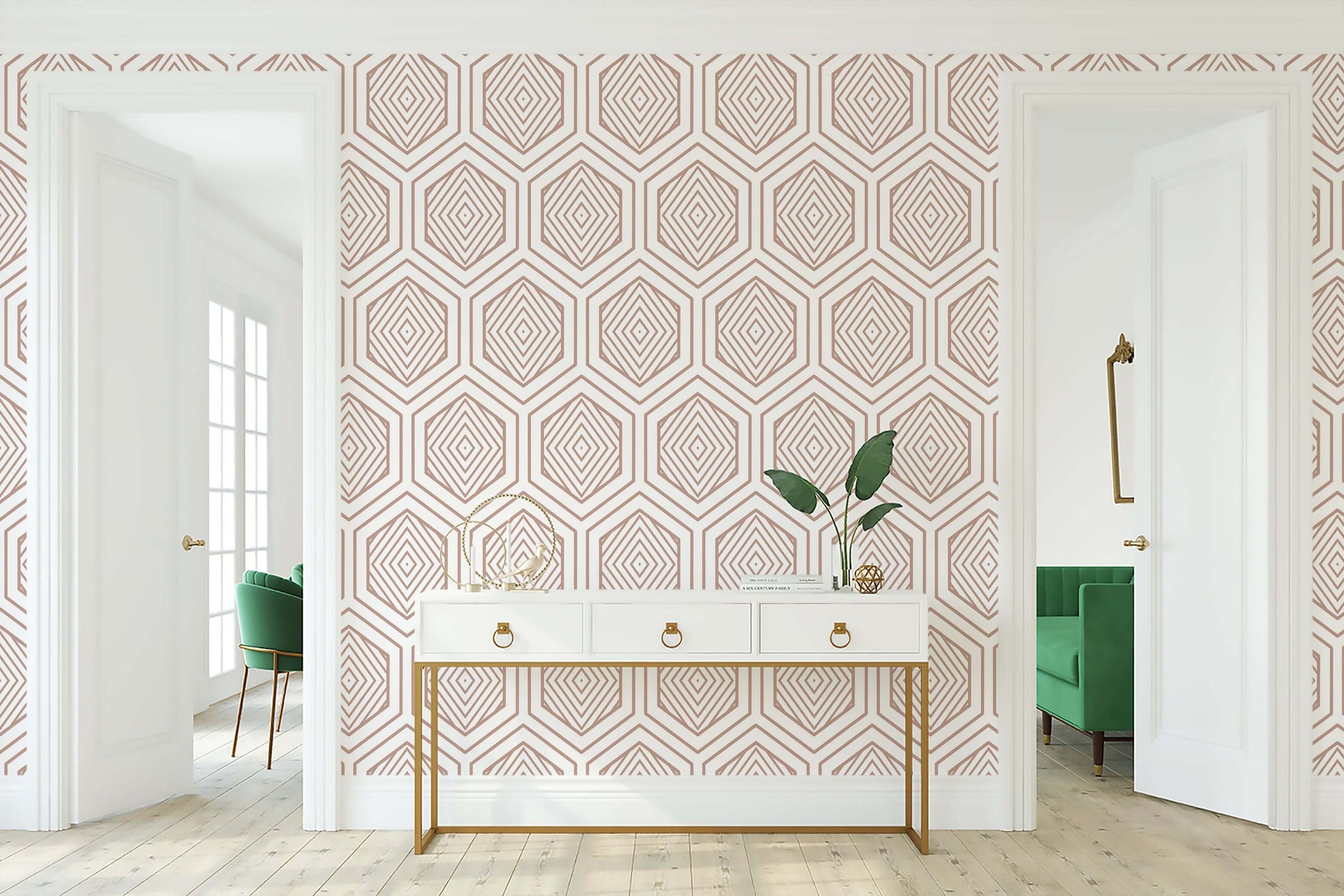 Rose Gold Prism geometric wallpaper with art deco design enhances modern interiors with metallic elegance, ideal for living rooms.
