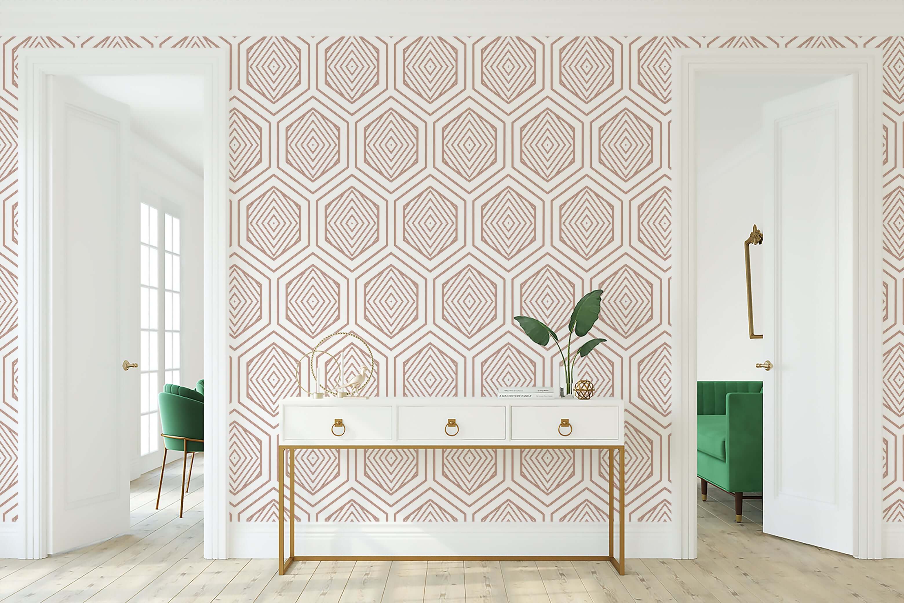 Rose Gold Prism geometric wallpaper with art deco design enhances modern interiors with metallic elegance, ideal for living rooms.