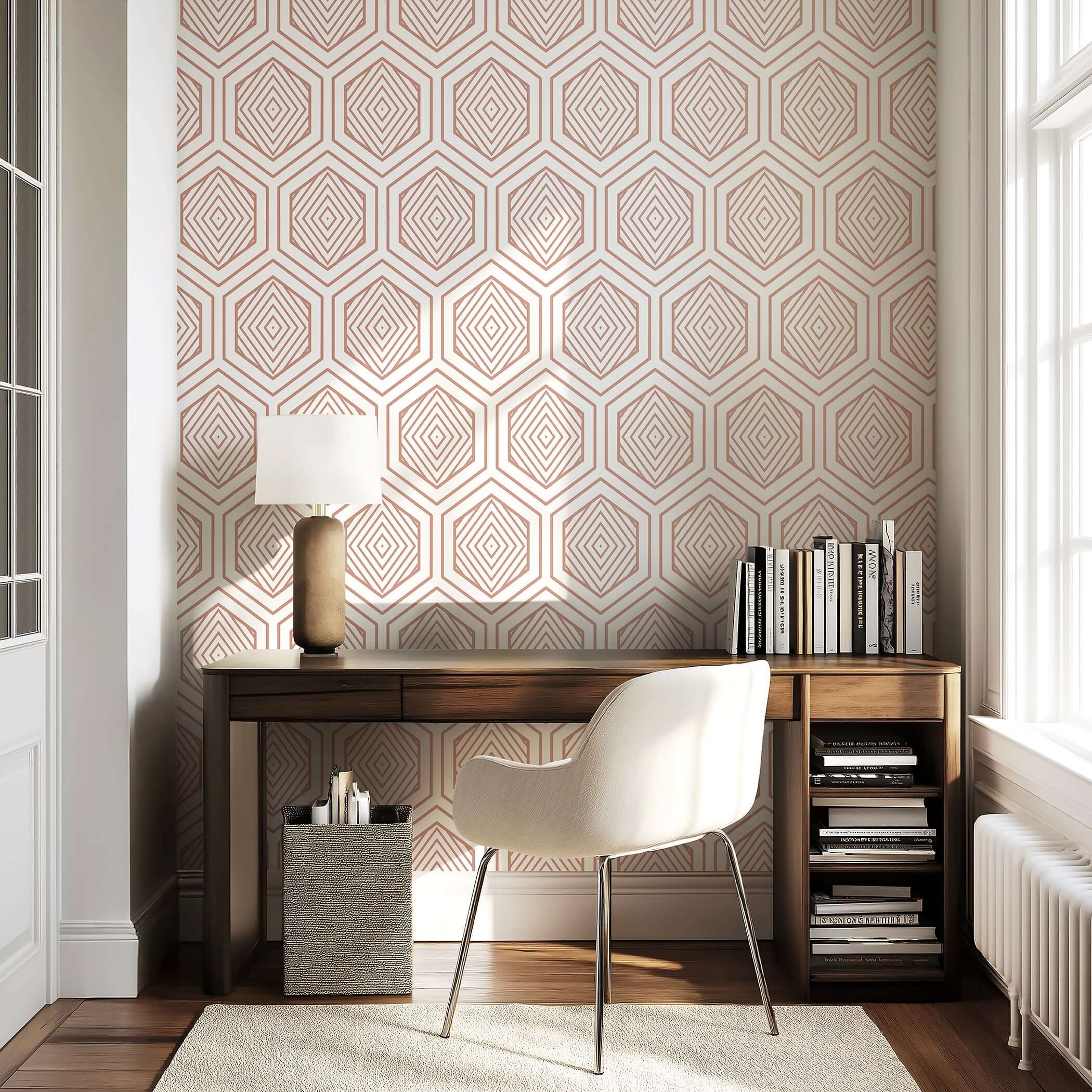 Rose Gold Prism geometric wallpaper in art deco style, featuring modern hexagonal design with metallic appeal for elegant interiors.