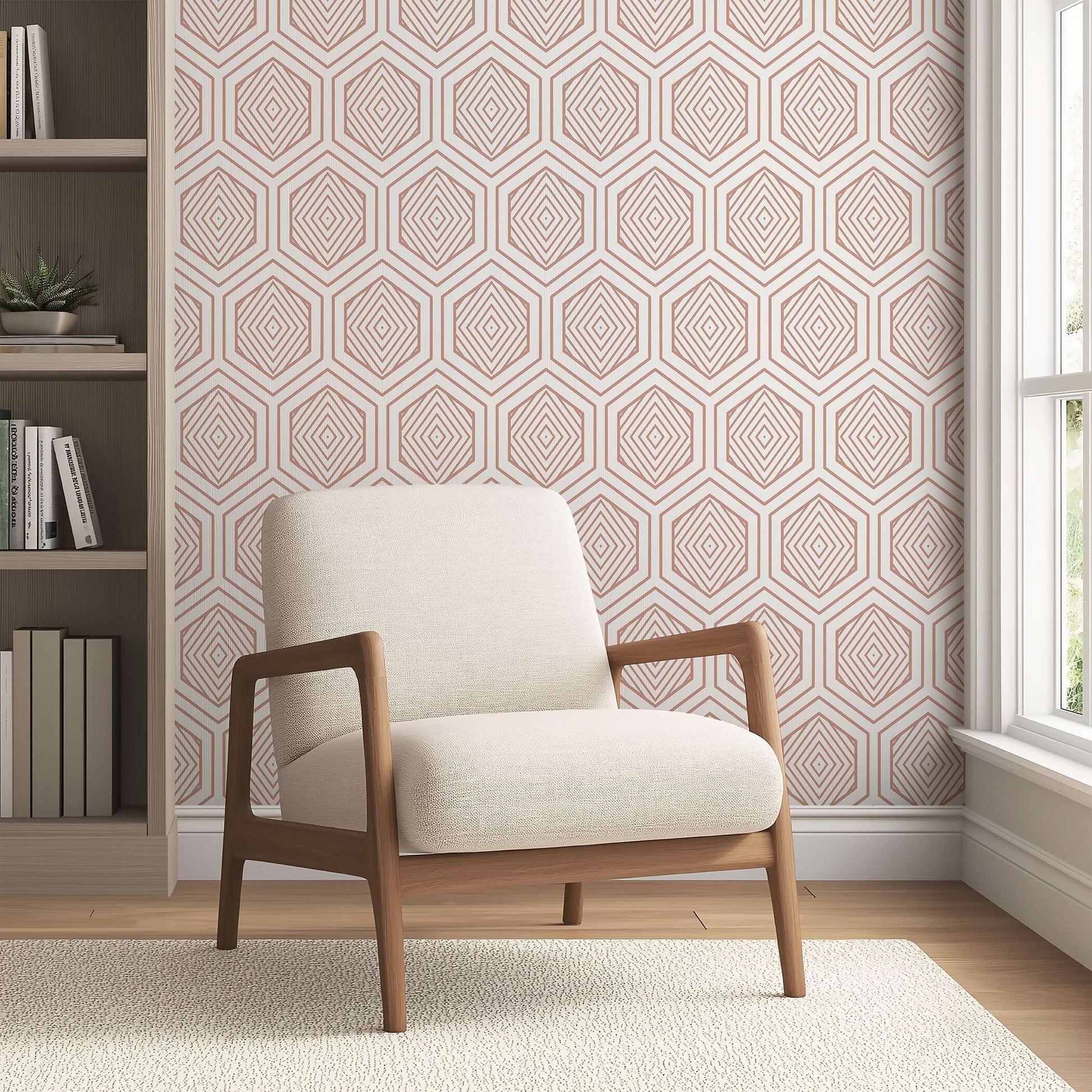 Rose Gold Prism geometric wallpaper with art deco design, featuring hexagonal prisms in modern style, enhancing a living room's elegance.