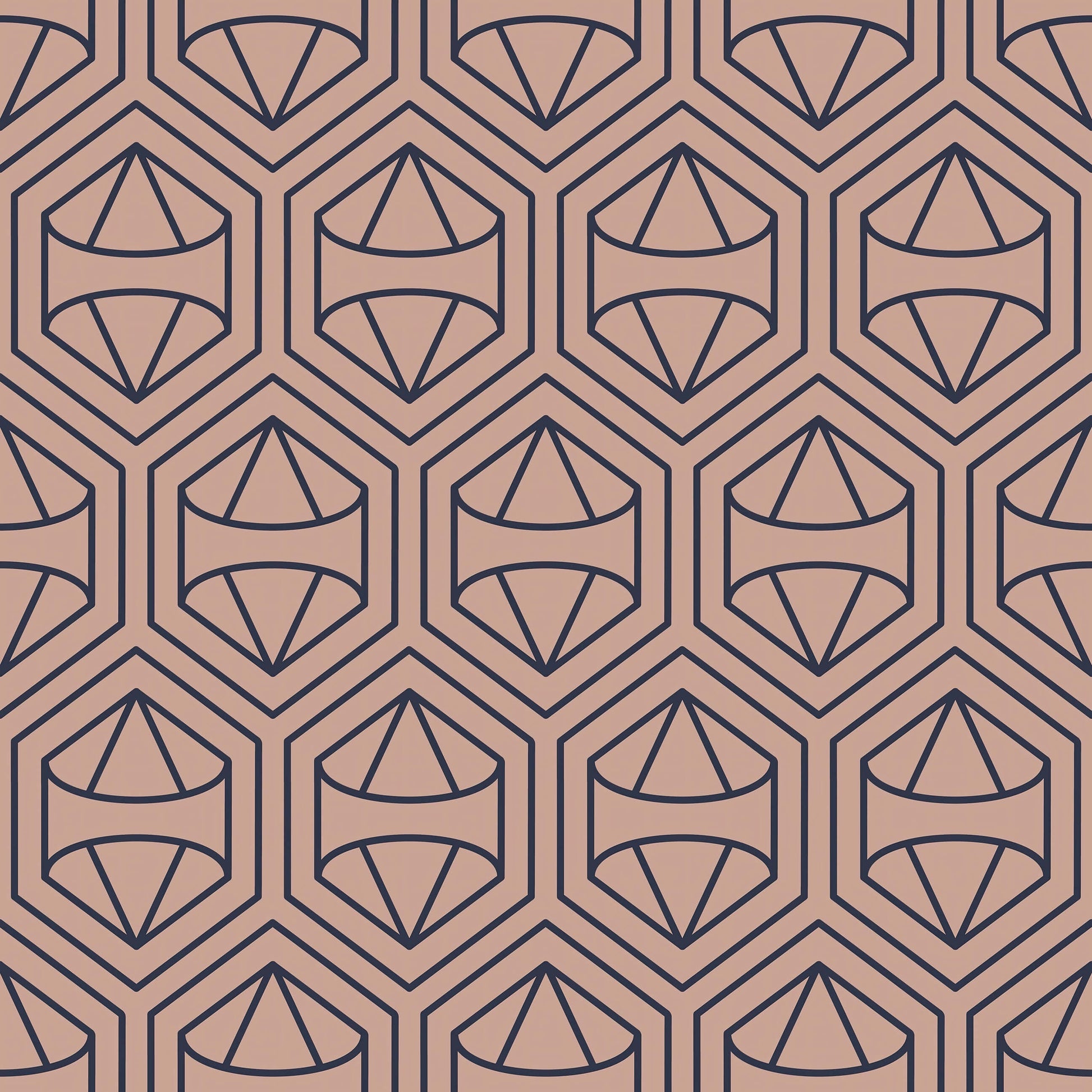 Prism Bloom art deco wallpaper with geometric hexagons and floral designs in navy and blush, offering modern elegance for home decor.