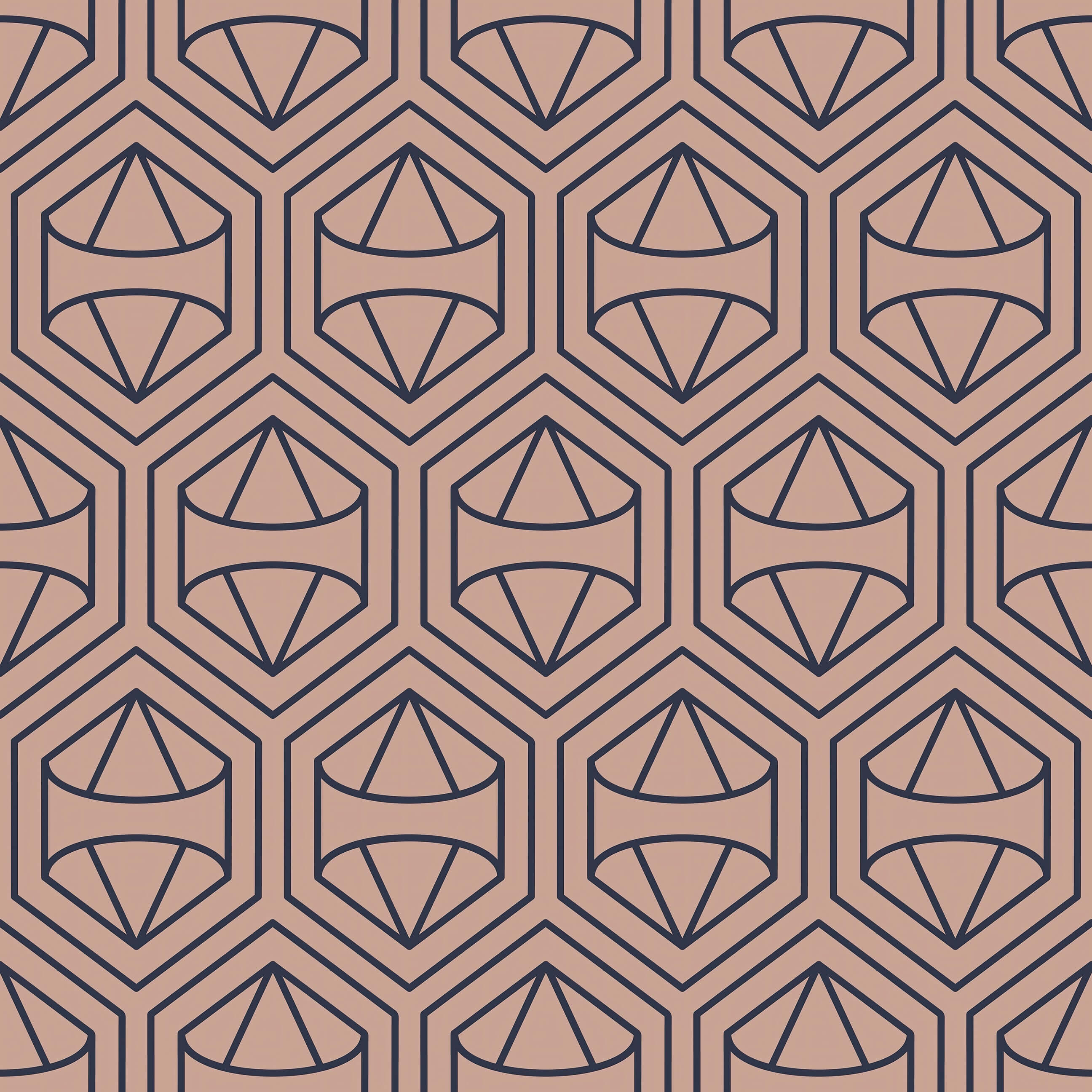 Prism Bloom art deco wallpaper with geometric hexagons and floral designs in navy and blush, offering modern elegance for home decor.