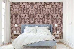 Art deco geometric modern wallpaper with hexagonal prism bloom pattern and blush background in a stylish bedroom setting.