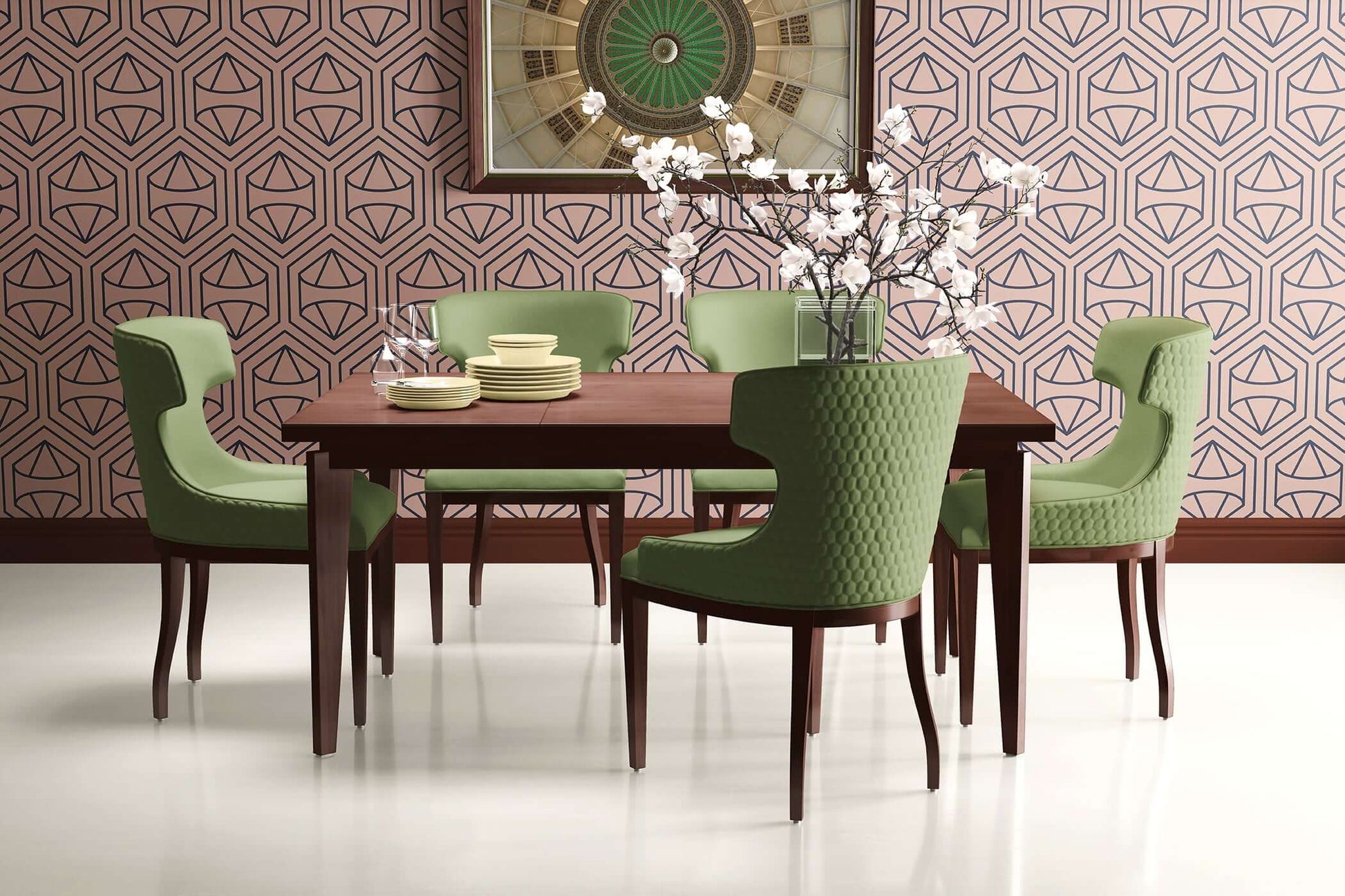 Art Deco dining room with green chairs, wooden table, and Prism Bloom geometric wallpaper in soft blush and navy hexagonal design.