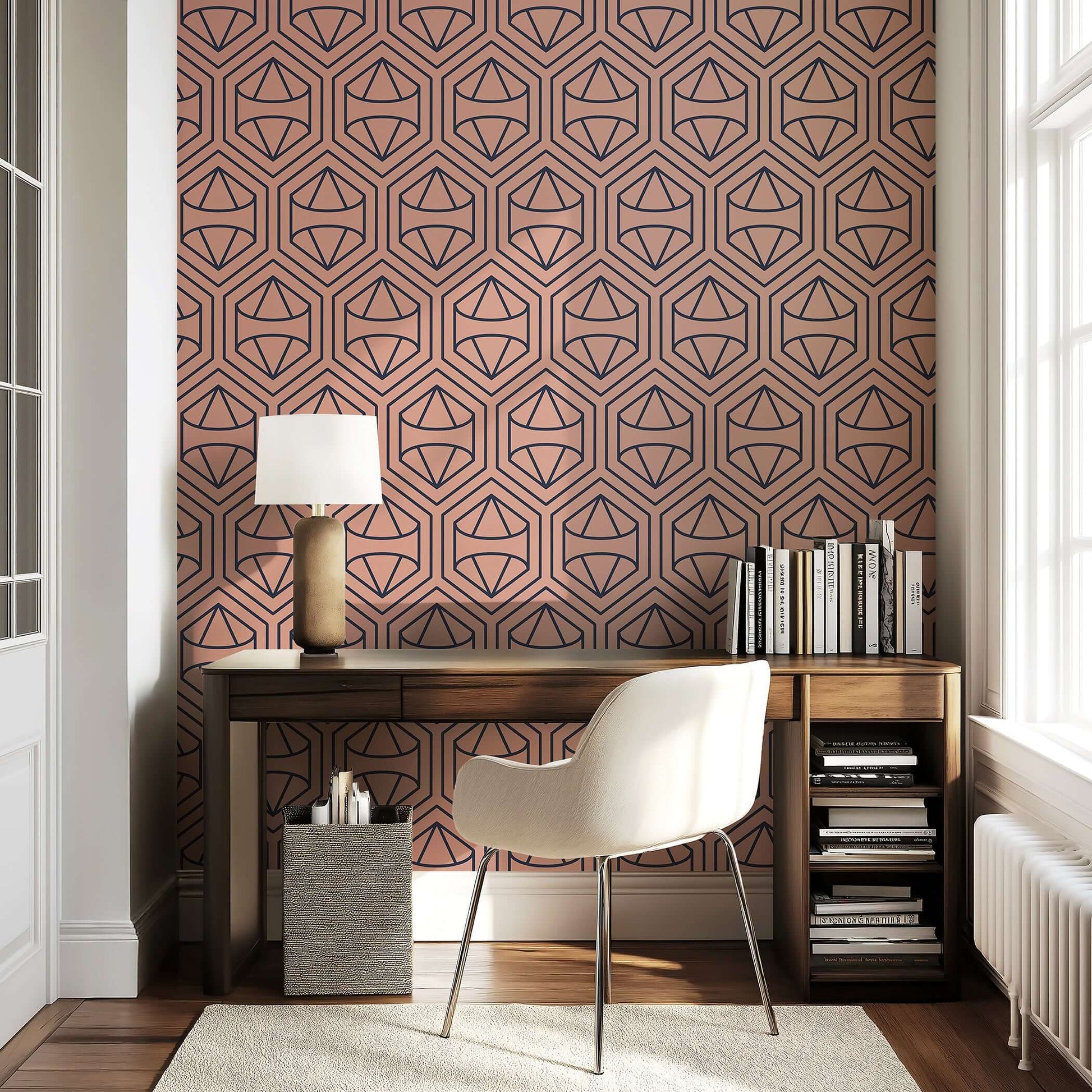 Art deco geometric wallpaper in modern home office with prism-shaped blooms and blush background, complementing sophisticated decor.