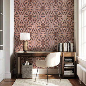 Art deco geometric wallpaper in modern home office with prism-shaped blooms and blush background, complementing sophisticated decor.