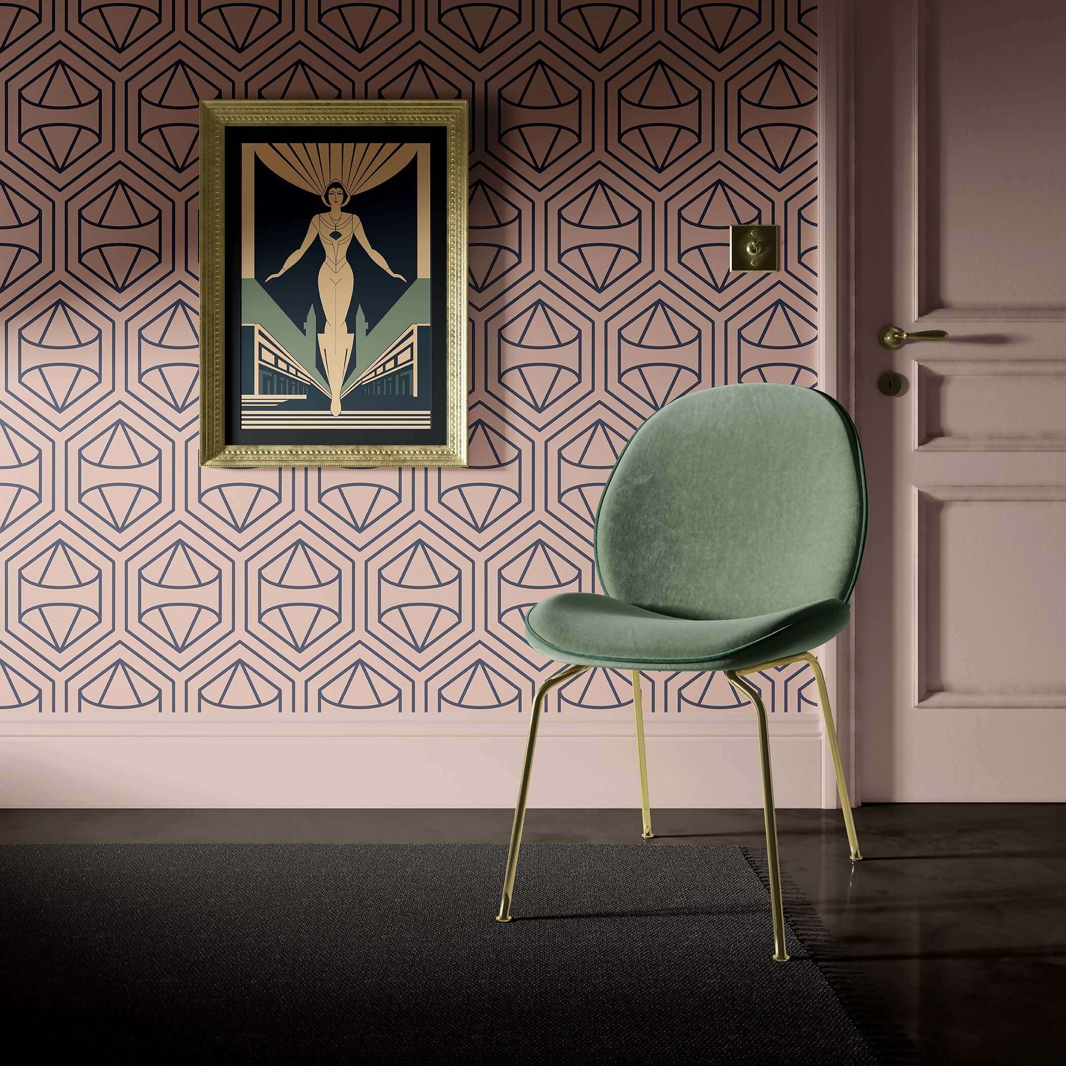 Stylish room featuring "Prism Bloom" art deco wallpaper with geometric design, modern accents, and an elegant chair.