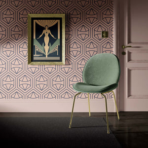 Stylish room featuring "Prism Bloom" art deco wallpaper with geometric design, modern accents, and an elegant chair.