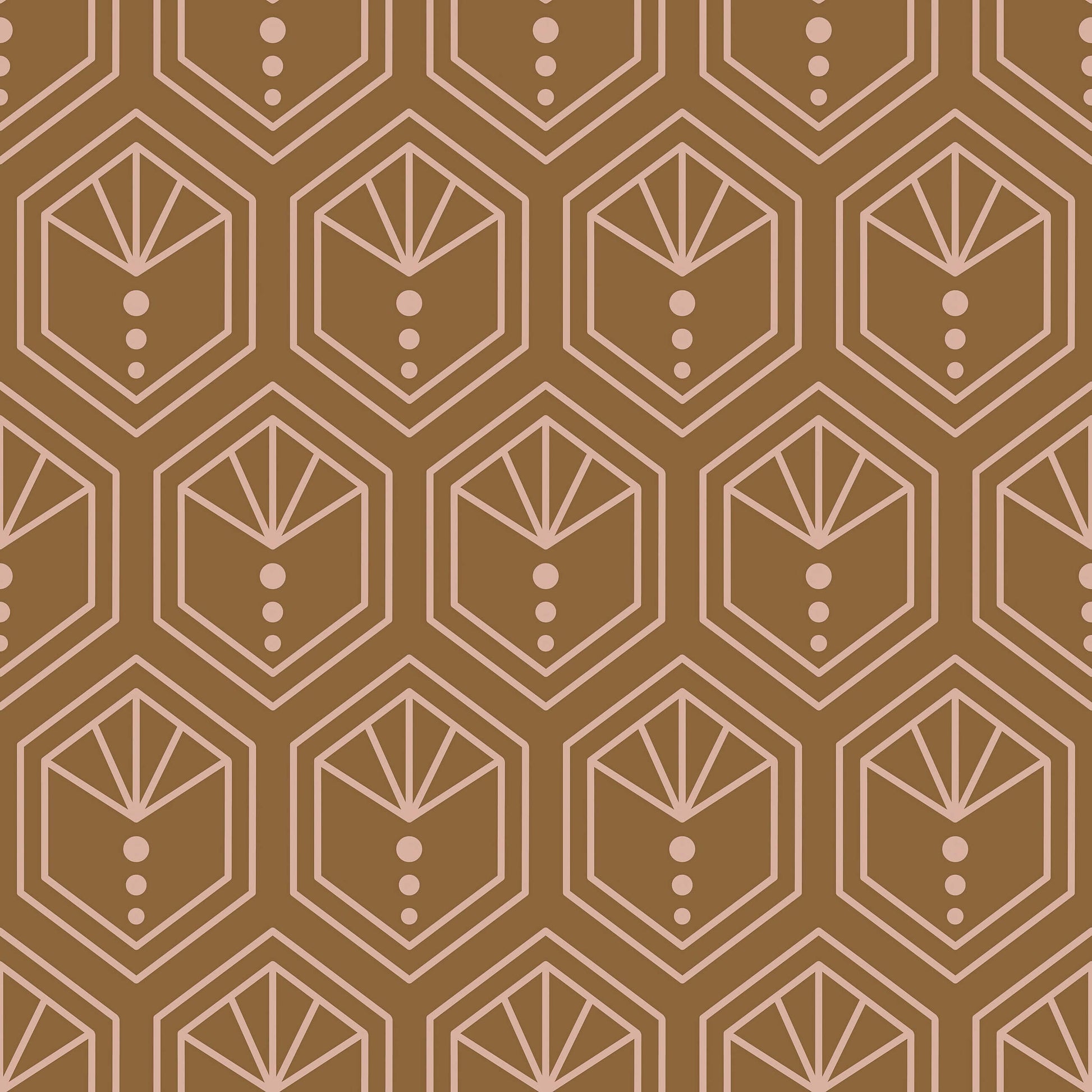 Art Deco geometric wallpaper with honeycomb hexagons and crest motif in copper and blush for modern decor.