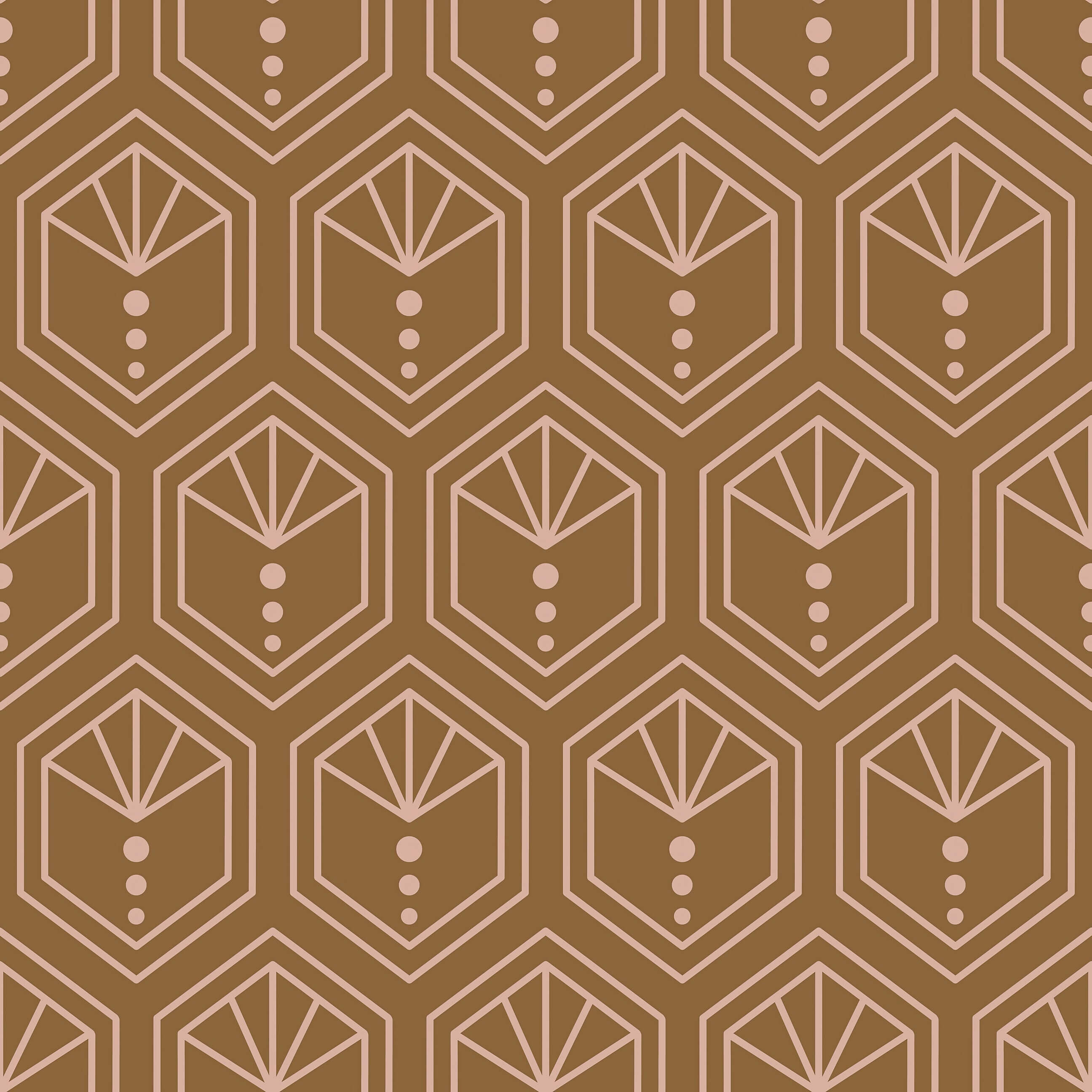 Art Deco geometric wallpaper with honeycomb hexagons and crest motif in copper and blush for modern decor.