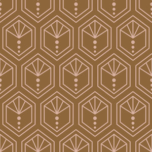 Art Deco geometric wallpaper with honeycomb hexagons and crest motif in copper and blush for modern decor.
