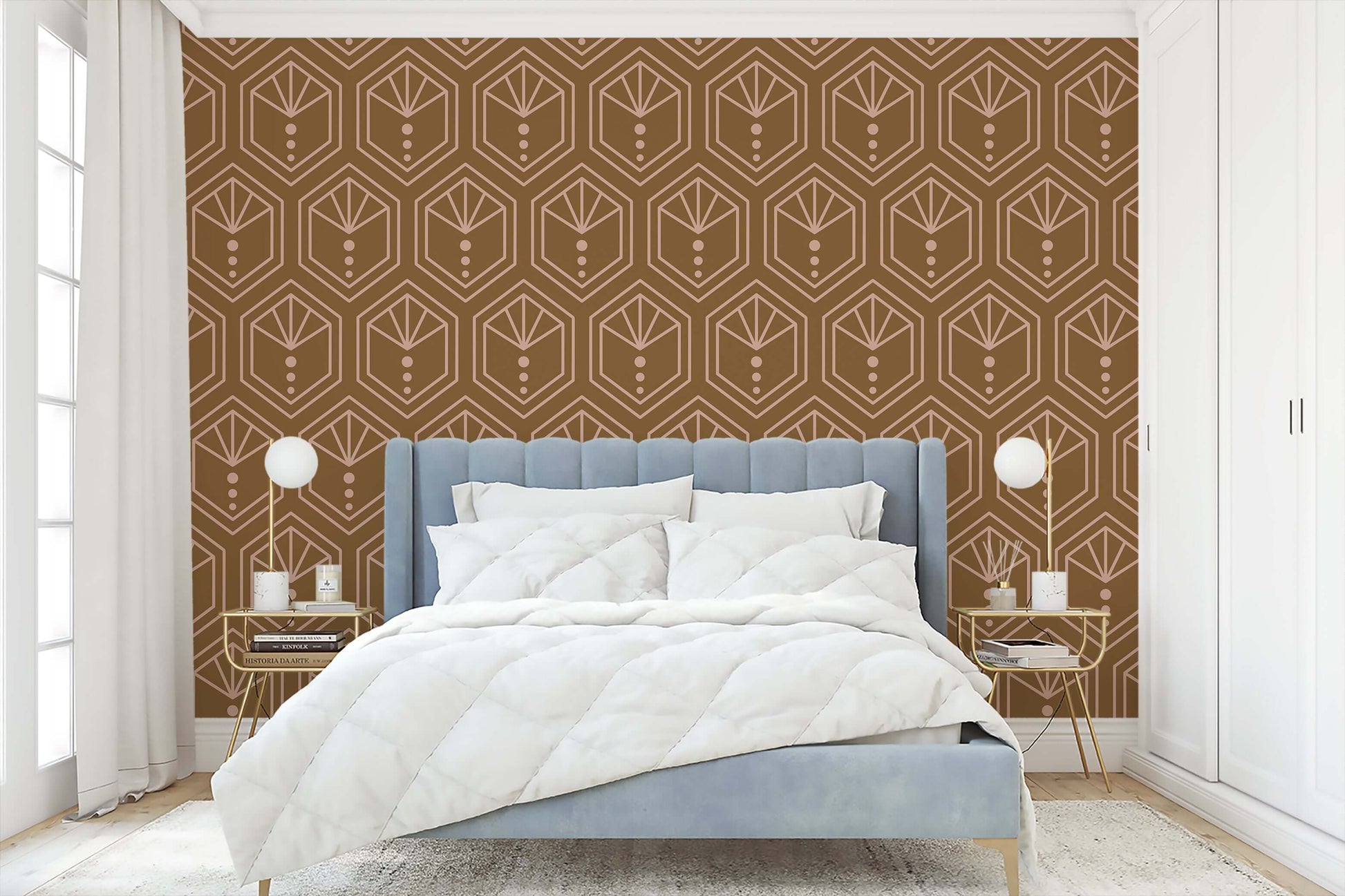 Copper Crest wallpaper in art deco geometric design with hexagon motifs in a modern bedroom setting.