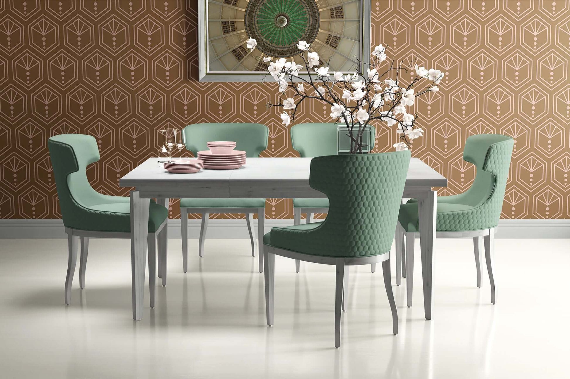 Art Deco dining room with geometric modern wallpaper and stylish furniture.