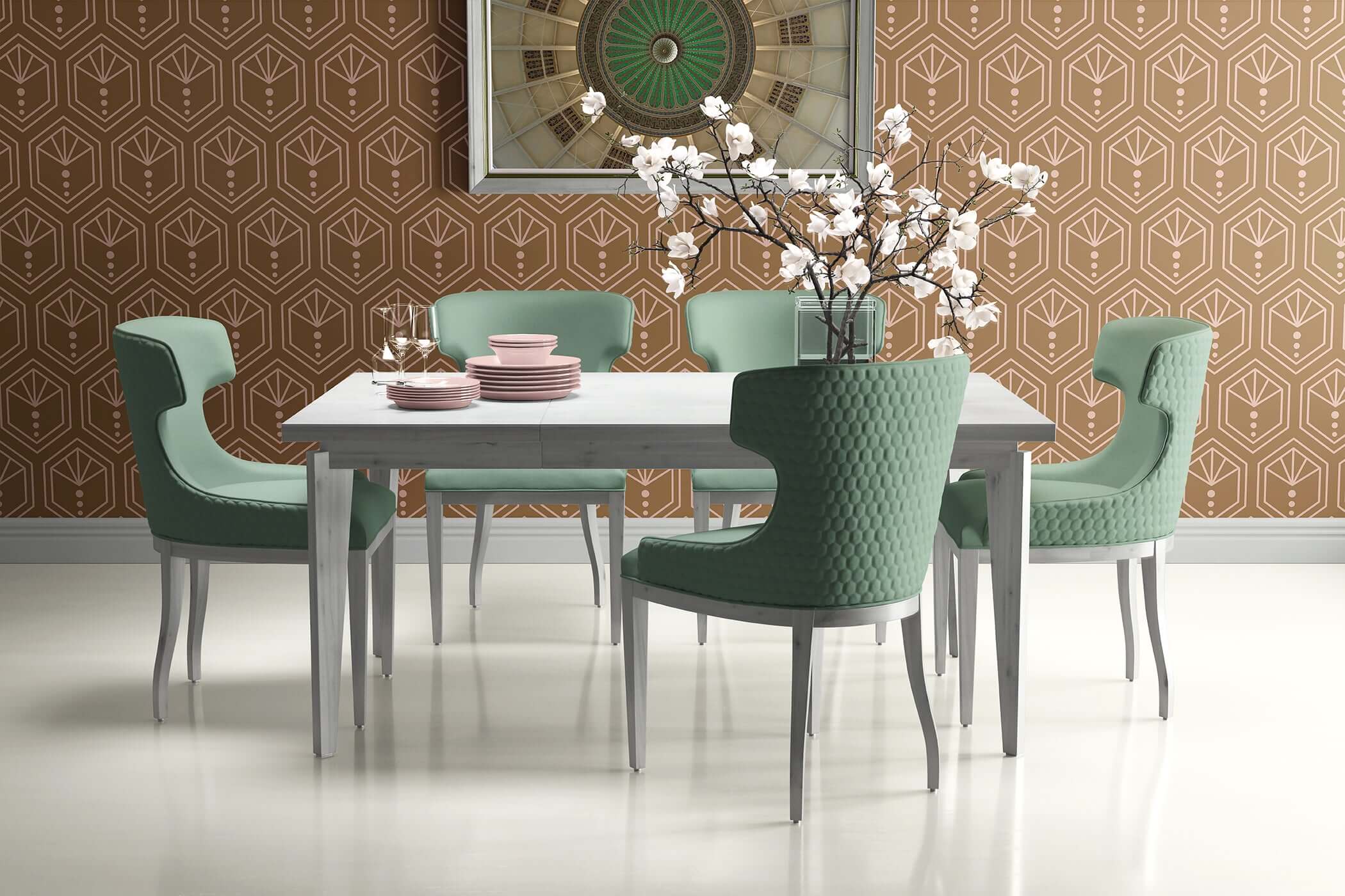 Art Deco dining room with geometric modern wallpaper and stylish furniture.