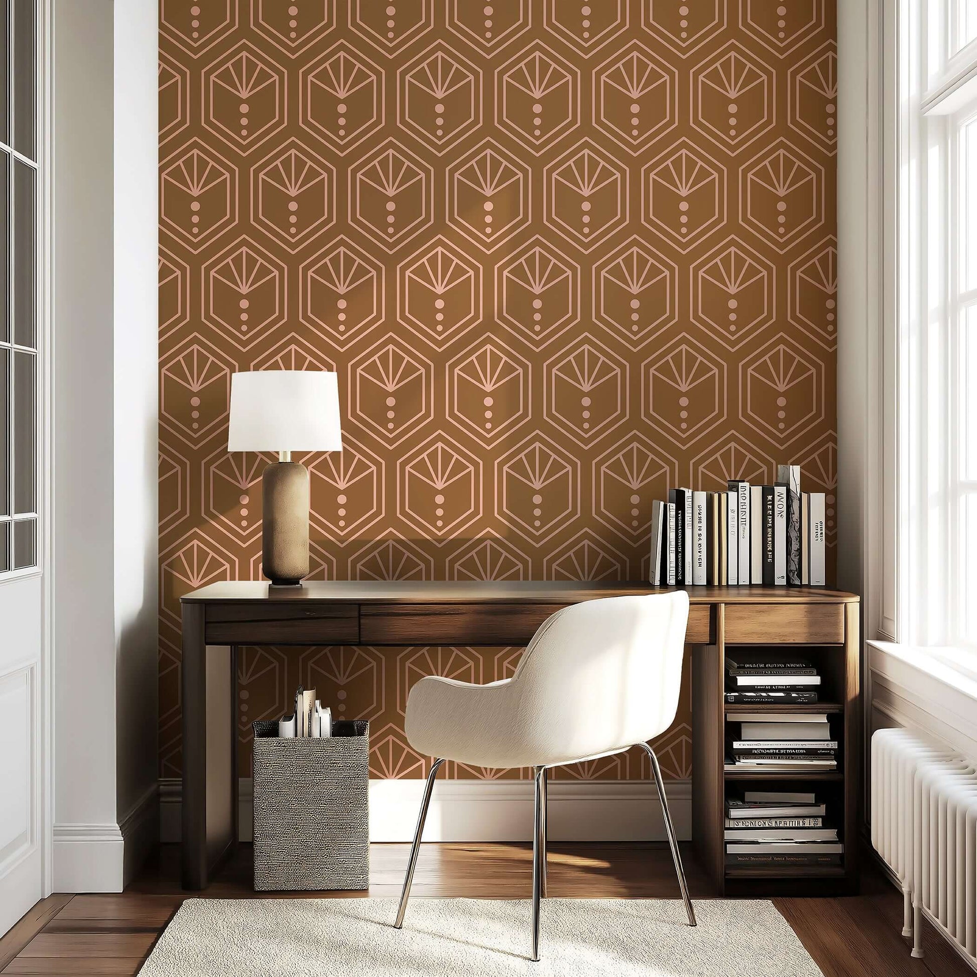 Copper Crest art deco geometric wallpaper in modern home office setting with desk and chair.