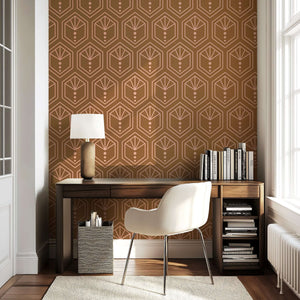 Copper Crest art deco geometric wallpaper in modern home office setting with desk and chair.