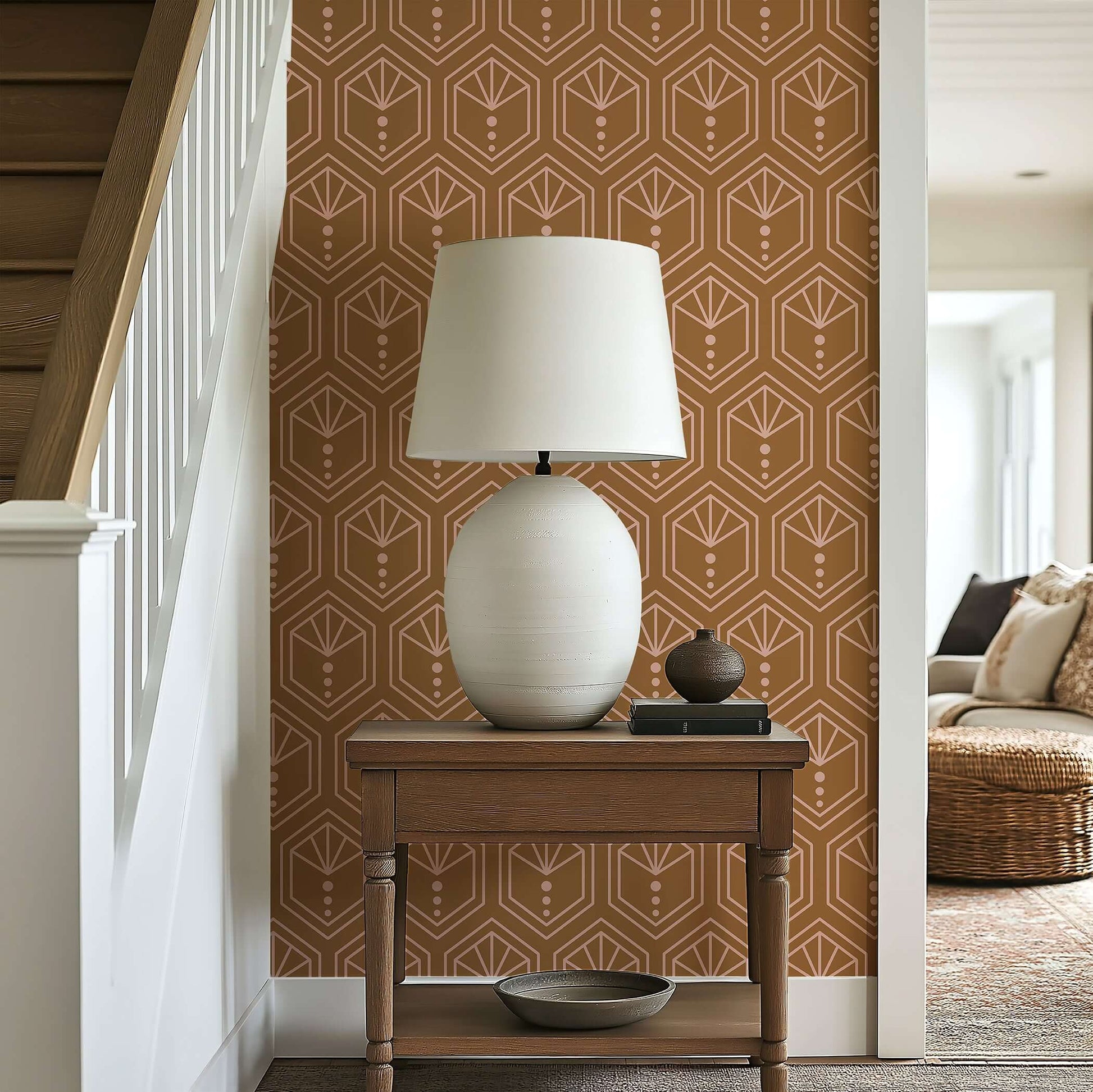 Copper Crest geometric Art Deco wallpaper with hexagonal pattern in a hallway, blending modern elegance and sophistication.