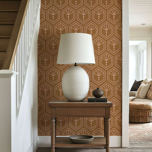 Copper Crest geometric Art Deco wallpaper with hexagonal pattern in a hallway, blending modern elegance and sophistication.