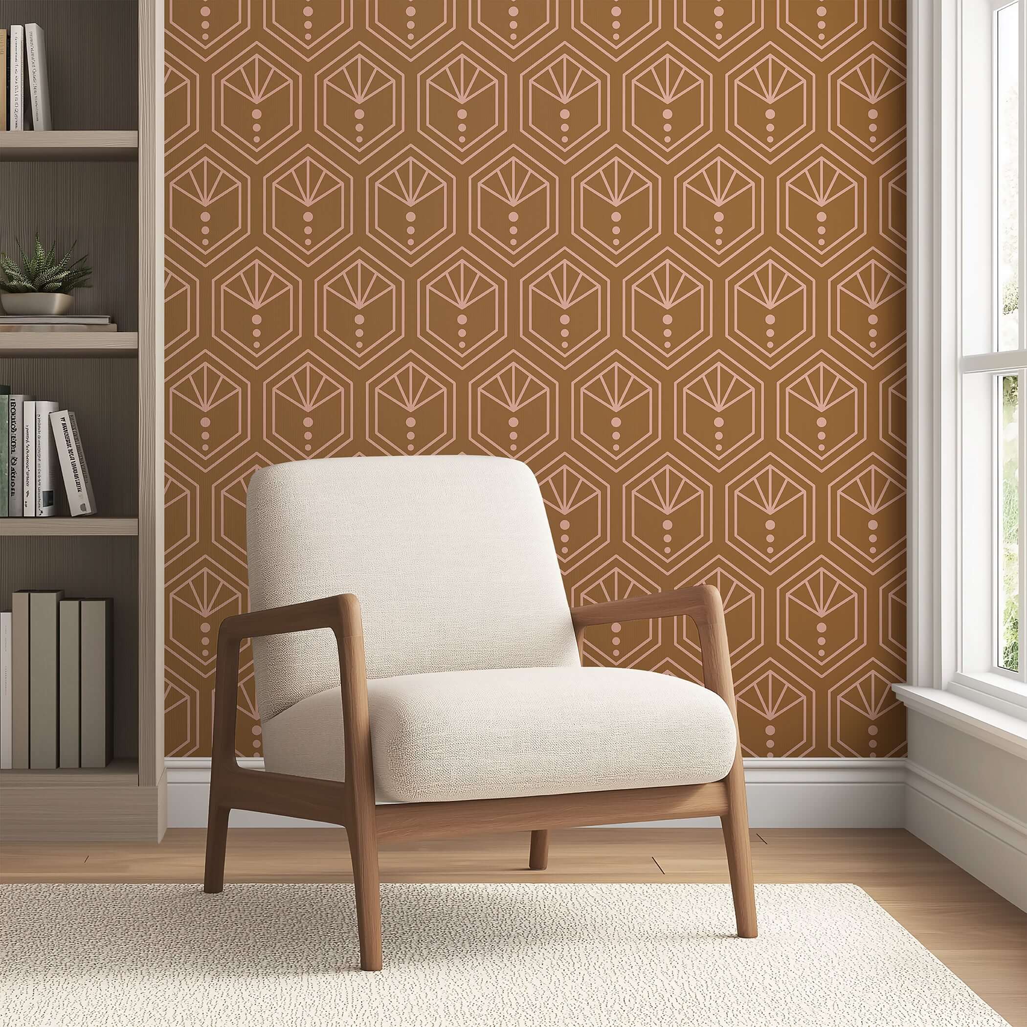 Modern art deco geometric wallpaper in copper tones with honeycomb crest pattern, enhancing a stylish living room setting.