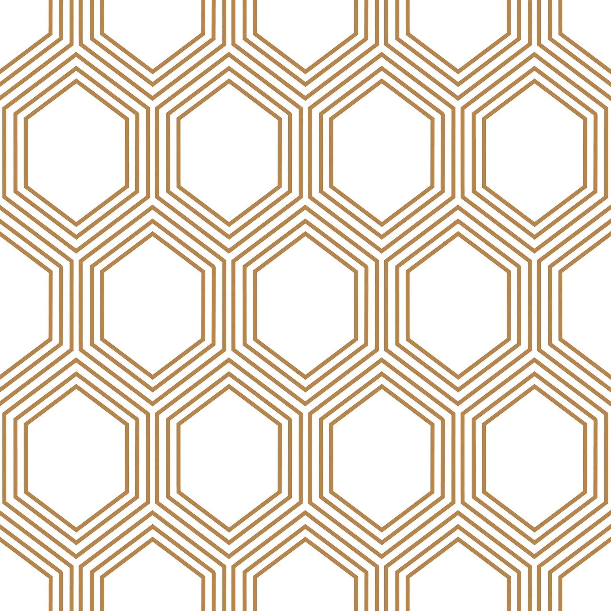 Art Deco geometric wallpaper with bronze hexagons on white background, blending vintage elegance with modern style.