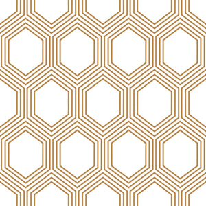 Art Deco geometric wallpaper with bronze hexagons on white background, blending vintage elegance with modern style.