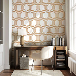 Art Deco geometric wallpaper with bronze hexagons on white background, enhancing modern living room or office elegance.