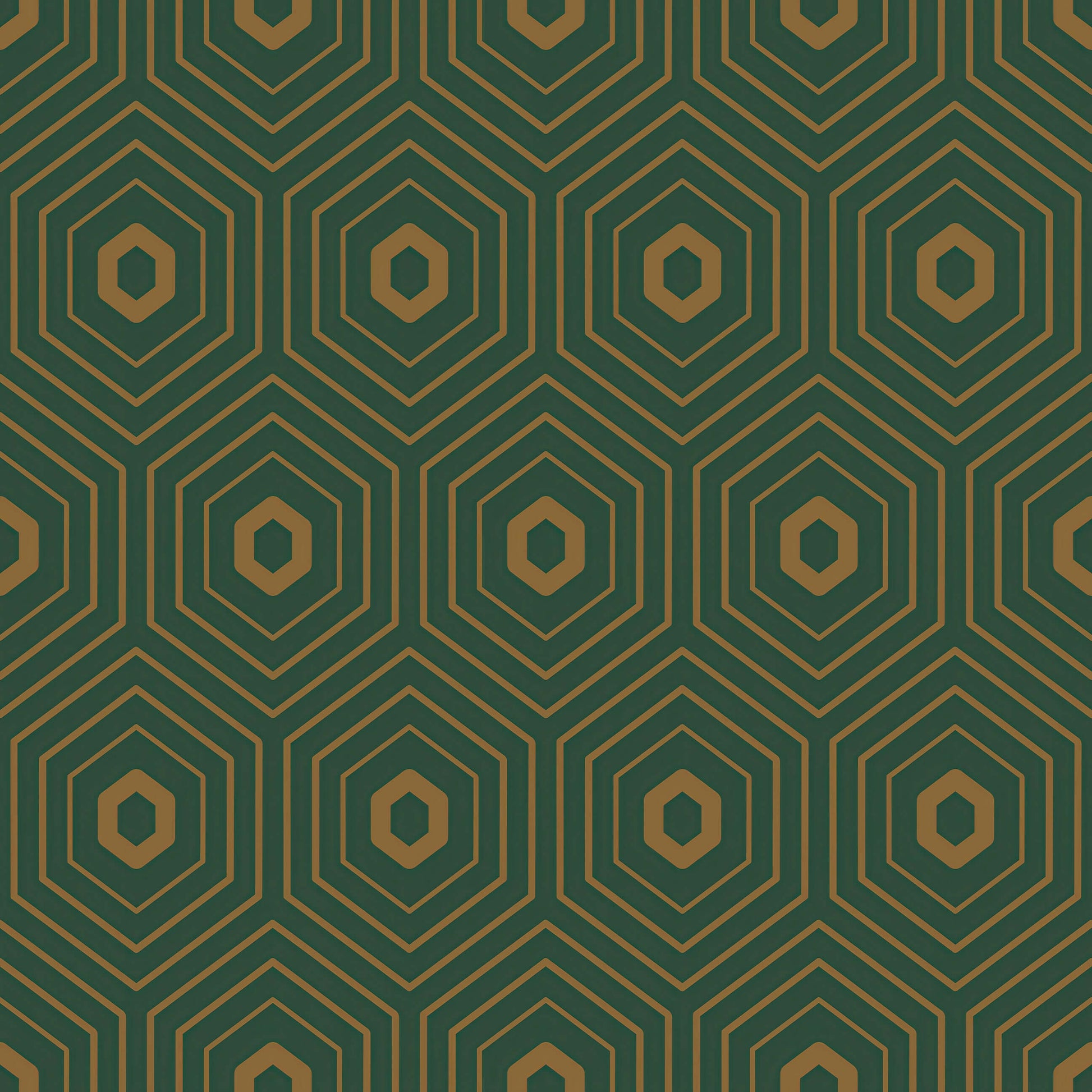 Art Deco geometric wallpaper with gold hexagons on emerald green, modern prism design ideal for accent walls and entryways.