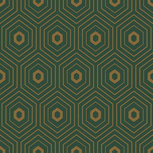 Art Deco geometric wallpaper with gold hexagons on emerald green, modern prism design ideal for accent walls and entryways.