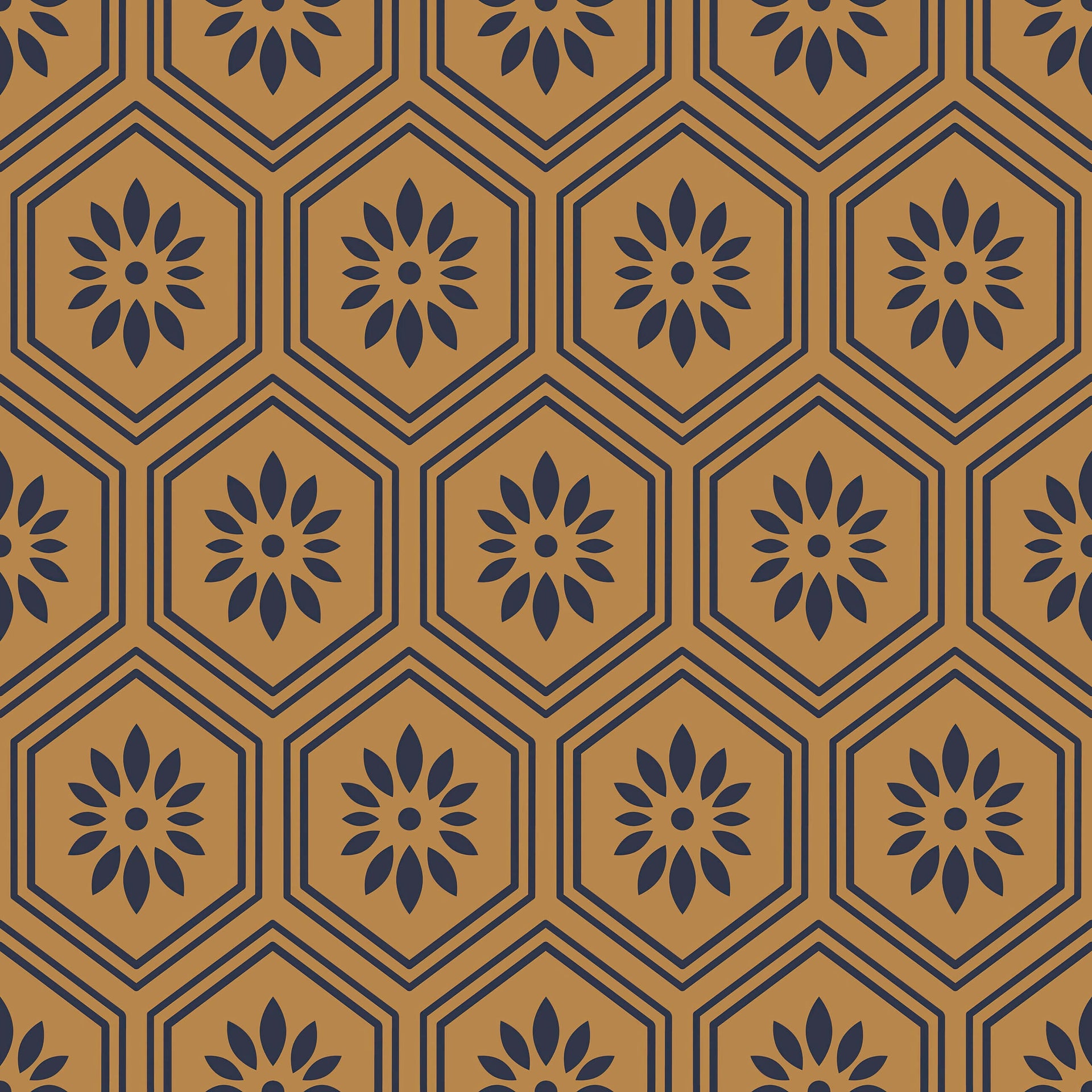 Art Deco geometric floral wallpaper with black petals in honeycomb pattern on ochre background, perfect for modern accent walls.