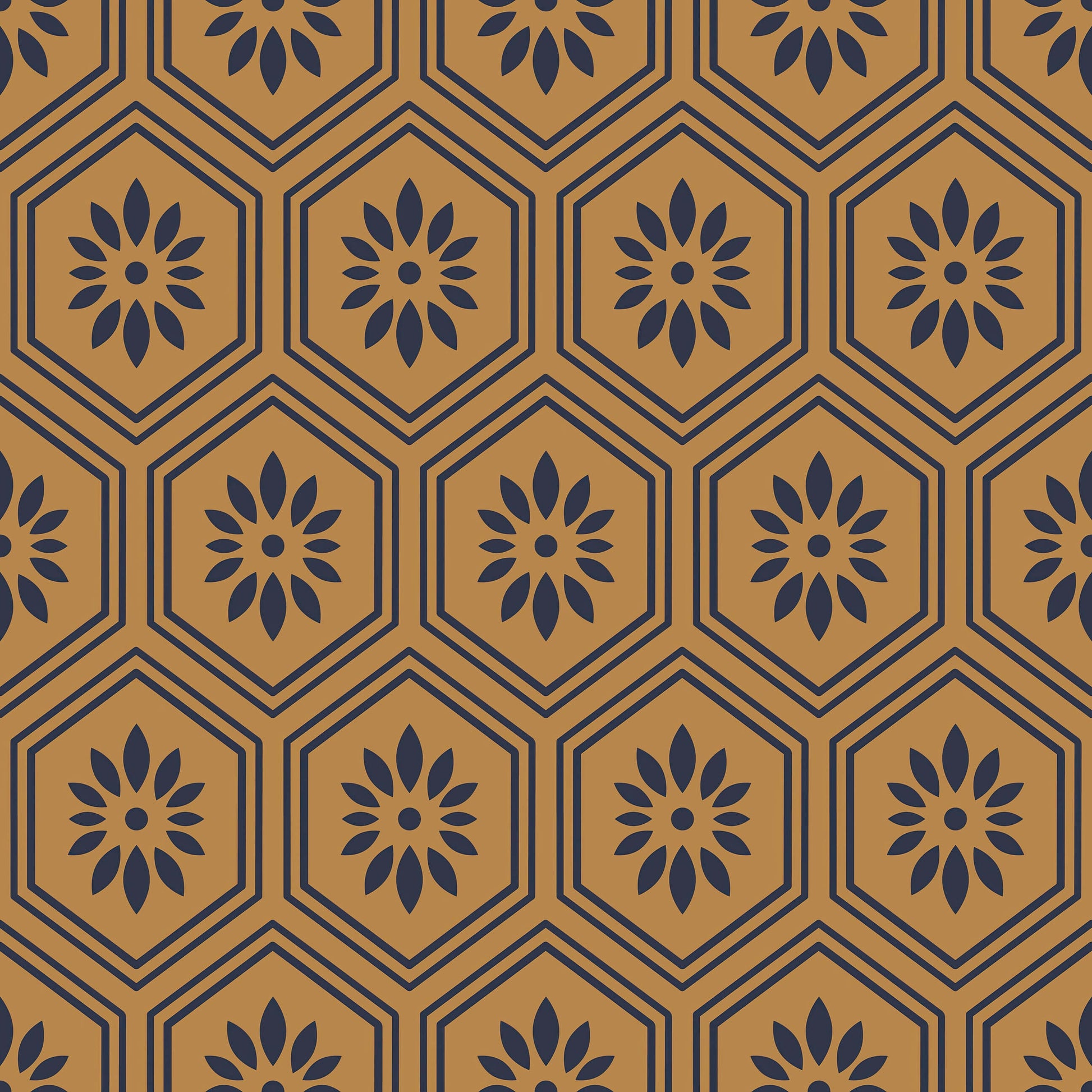 Art Deco geometric floral wallpaper with black petals in honeycomb pattern on ochre background, perfect for modern accent walls.