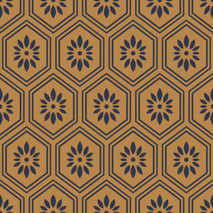 Art Deco geometric floral wallpaper with black petals in honeycomb pattern on ochre background, perfect for modern accent walls.