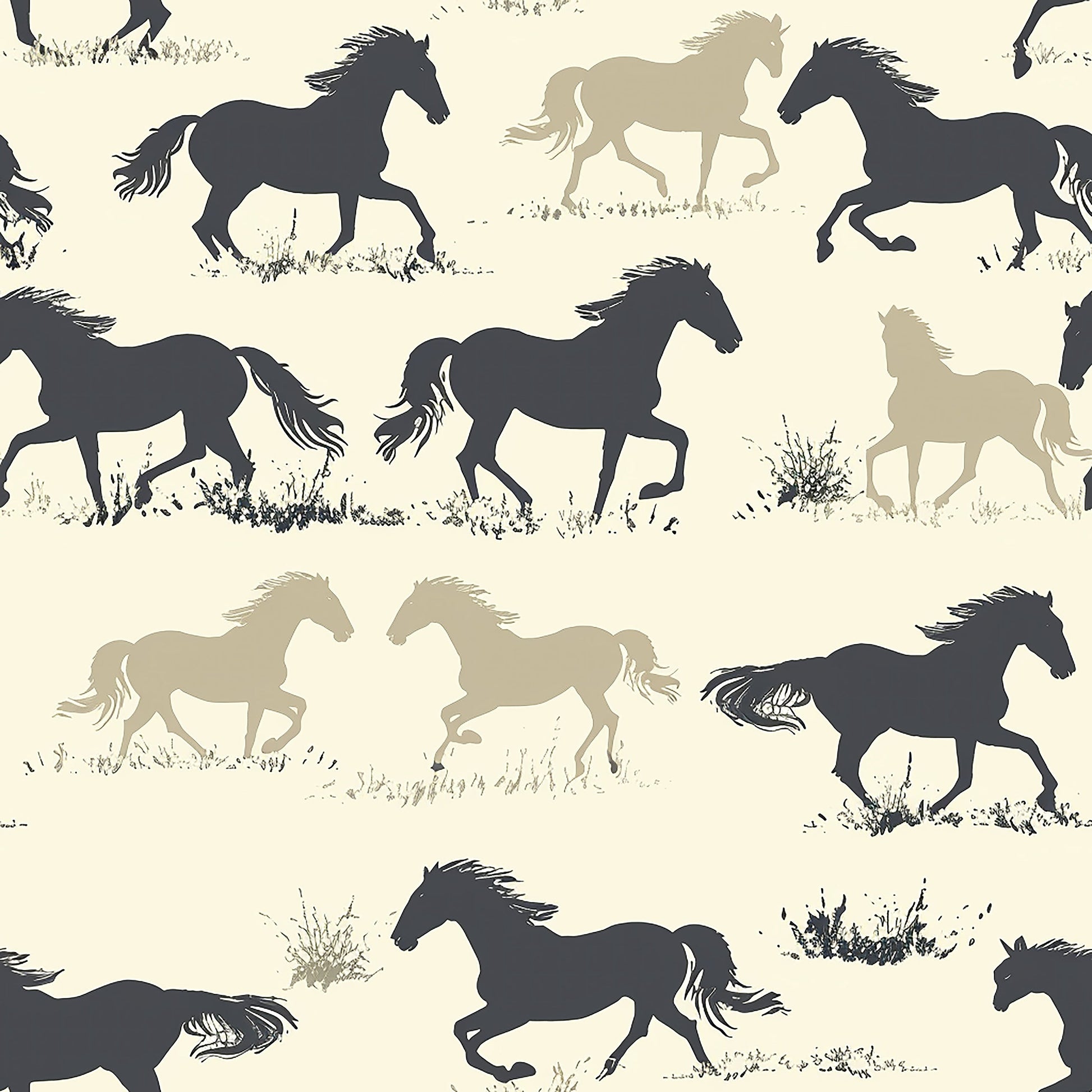 Dynamic Prairie Run wallpaper with horse silhouettes in black, brown, and tan, perfect for adding natural elegance to any space.