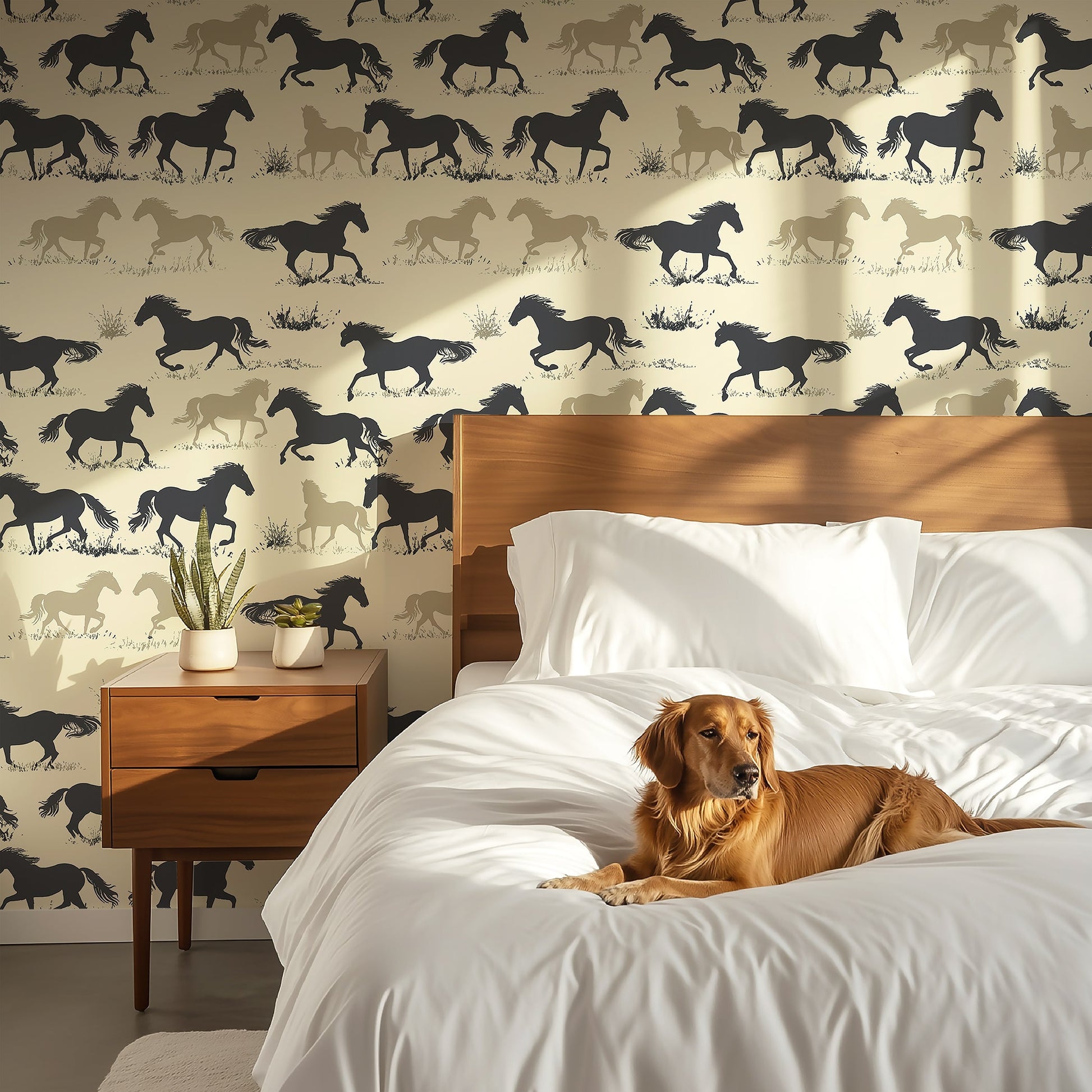 Prairie Run horse wallpaper in black, brown, and tan hues, creating a western-themed bedroom ambiance with a dog on the bed.