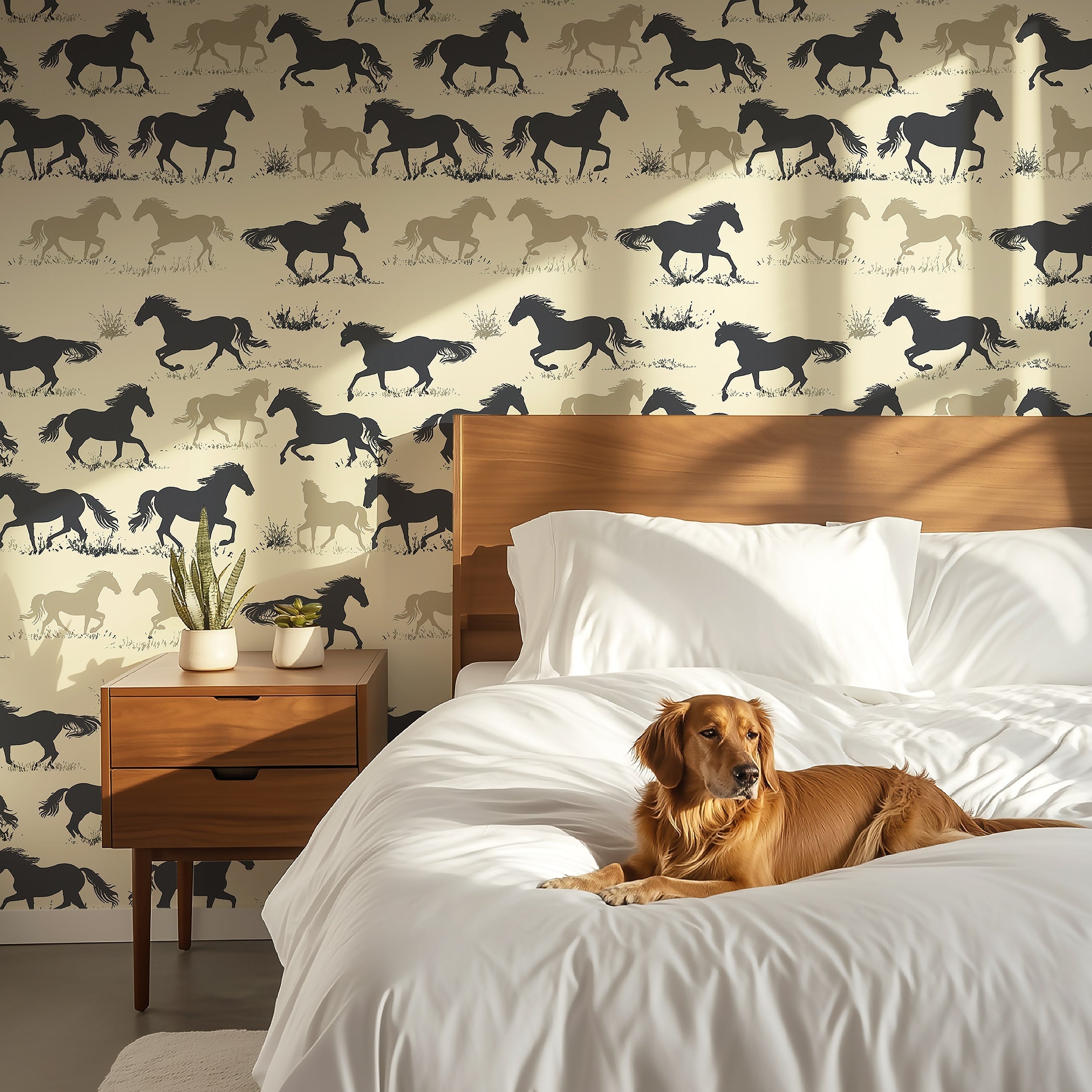 Prairie Run horse wallpaper in black, brown, and tan hues, creating a western-themed bedroom ambiance with a dog on the bed.