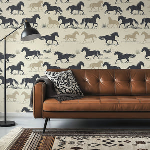 Prairie Run Wallpaper with black, brown, and tan horse silhouettes adds elegance and western charm to rooms, featuring animals and open plains.