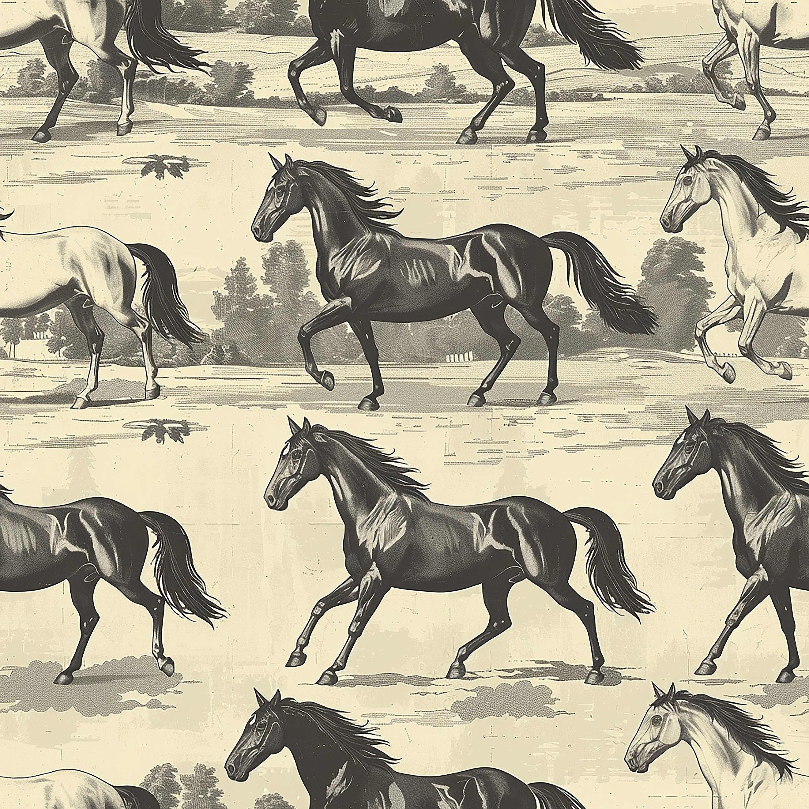 Vintage horse wallpaper featuring black, brown, and tan horses in motion against a scenic countryside background.