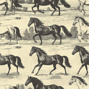 Vintage horse wallpaper featuring black, brown, and tan horses in motion against a scenic countryside background.
